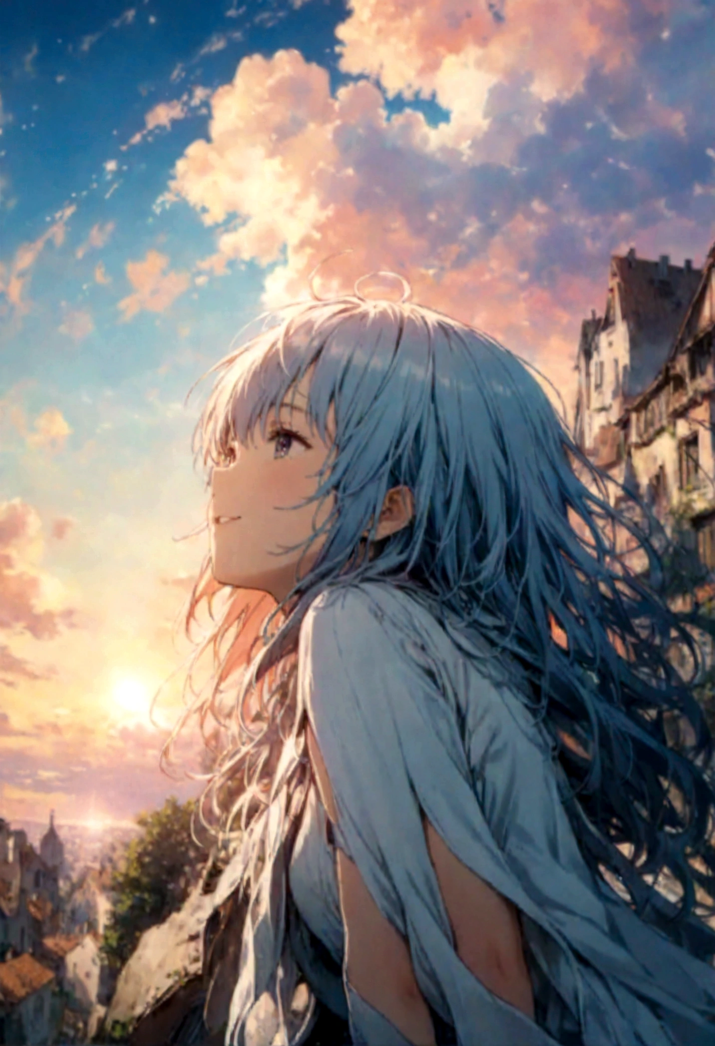 masterpiece, highest quality, Movie stills, One girl, Cloud Girl, Floating in the sky, close, bright, Happy, Warm and soft lighting, sunset, (spark:0.7)