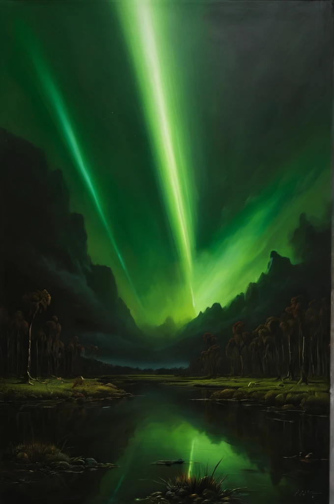 (art by Pieter Jansz van Ruyven and Aleksandr Makovsky and Dan Witz:1.2),
(collaboration and goal-driven and intergalactic and emerald and wild atmosphere, hovering lights, aesthetic of realism and indigenous australian art:0.1),
leading lines,  out-of-the-box masterful creation with skillful details,
(hooker's green and blue-green colors:0.1),
