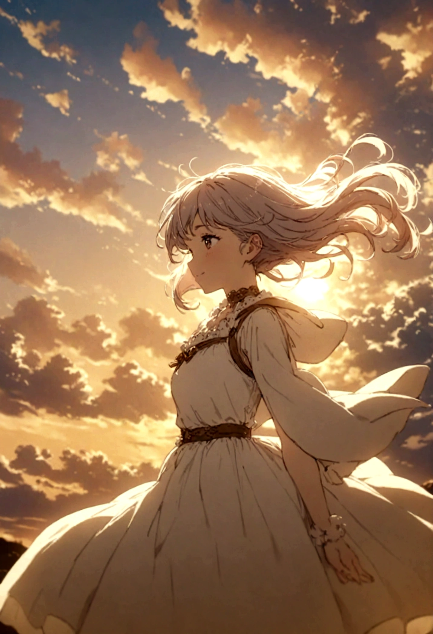 masterpiece, highest quality, Movie stills, One girl, Cloud Girl, Floating in the sky, close, bright, Happy, Warm and soft lighting, sunset, (spark:0.7)