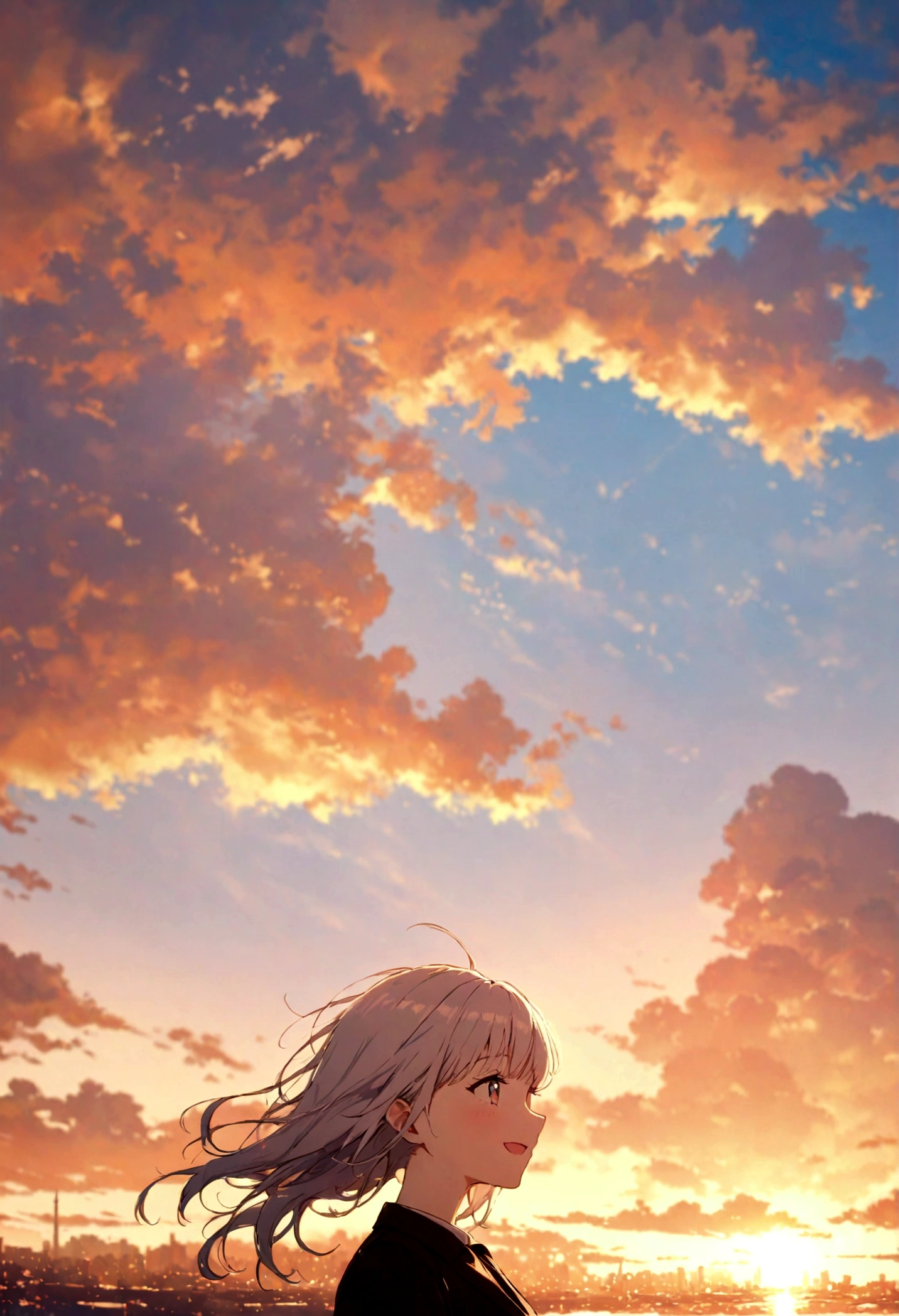 masterpiece, highest quality, Movie stills, One girl, Cloud Girl, Floating in the sky, close, bright, Happy, Warm and soft lighting, sunset, (spark:0.7)