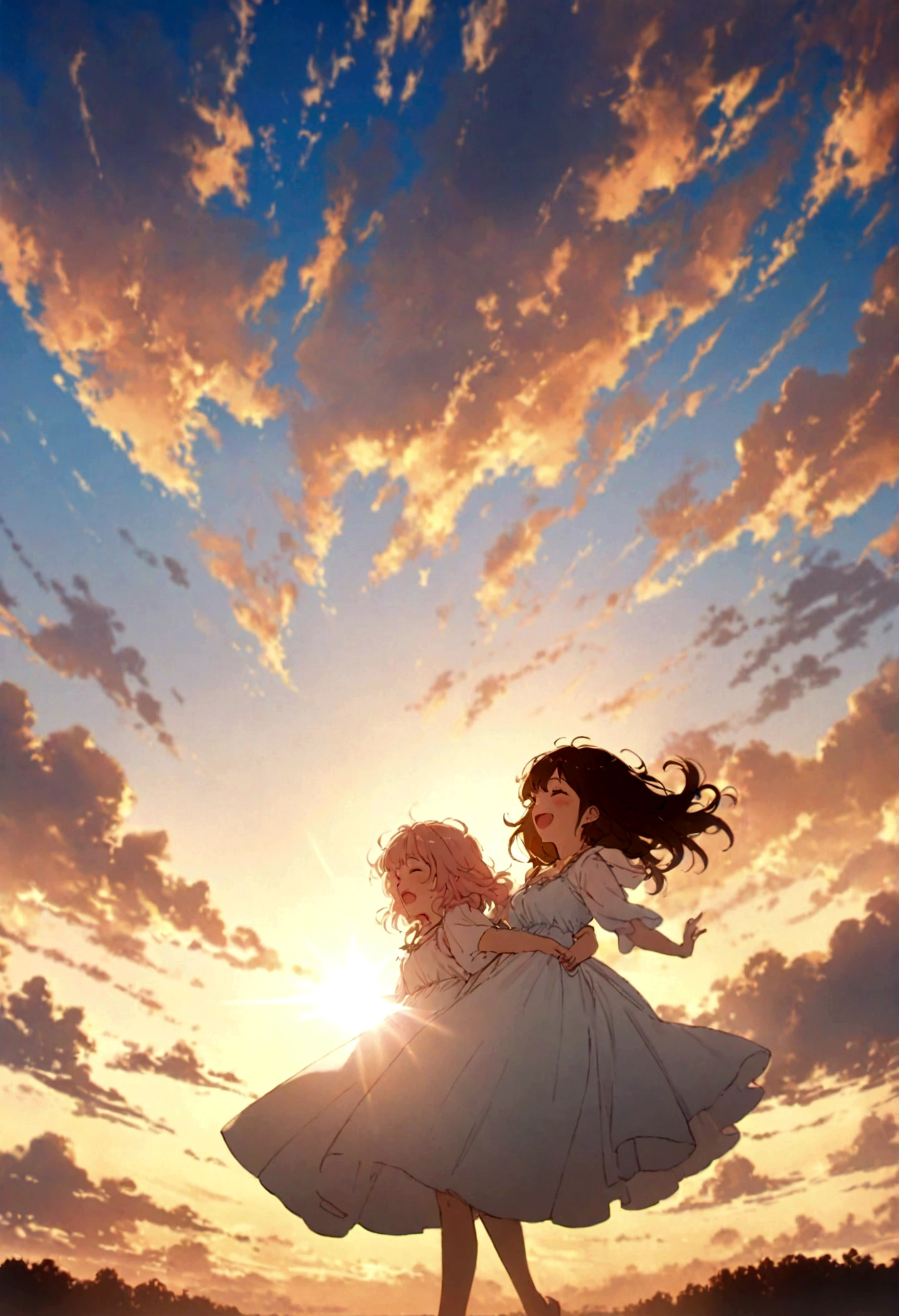 masterpiece, highest quality, Movie stills, One girl, Cloud Girl, Floating in the sky, close, bright, Happy, Warm and soft lighting, sunset, (spark:0.7)