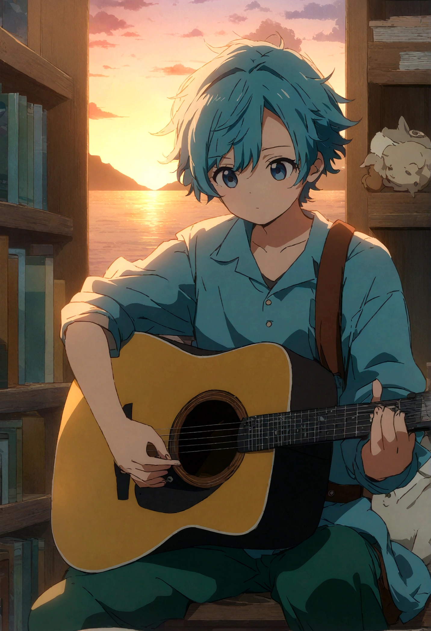 Anime boy sitting on the shelf and playing guitar at sunset, Anime Art Wallpapers 8K, anime art wallpaper 4k, anime art wallpaper 4k, Anime Style 4k, anime wallpaper 4k, anime wallpaper 4k, anime wallpaper 4k, Manga Wallpaper, 4K Wallpaper, Makoto Shinkai Cirilo Rolando, Girl playing guitar, Lo-fi Girl