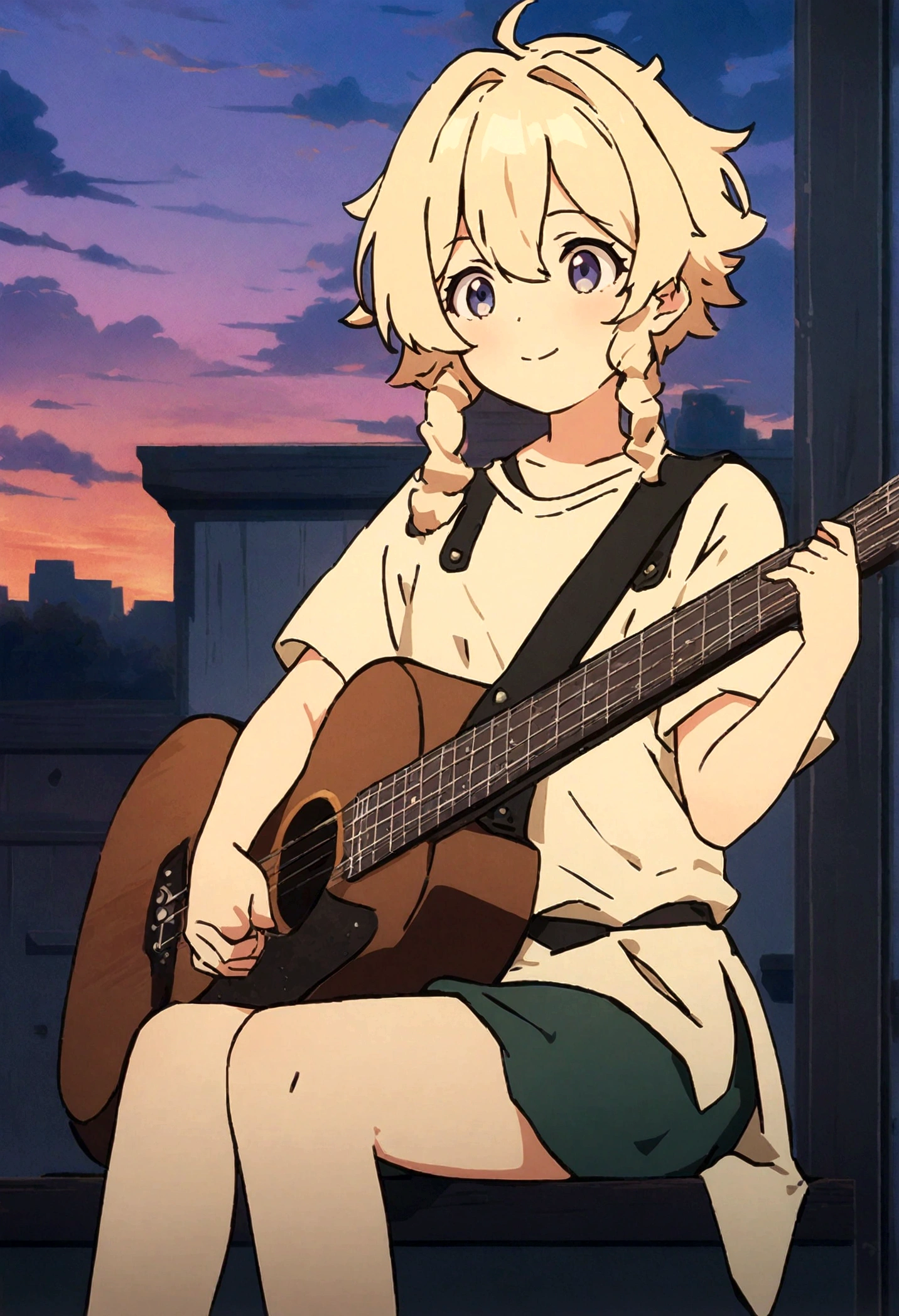 Anime boy sitting on the shelf and playing guitar at sunset, Anime Art Wallpapers 8K, anime art wallpaper 4k, anime art wallpaper 4k, Anime Style 4k, anime wallpaper 4k, anime wallpaper 4k, anime wallpaper 4k, Manga Wallpaper, 4K Wallpaper, Makoto Shinkai Cirilo Rolando, Girl playing guitar, Lo-fi Girl