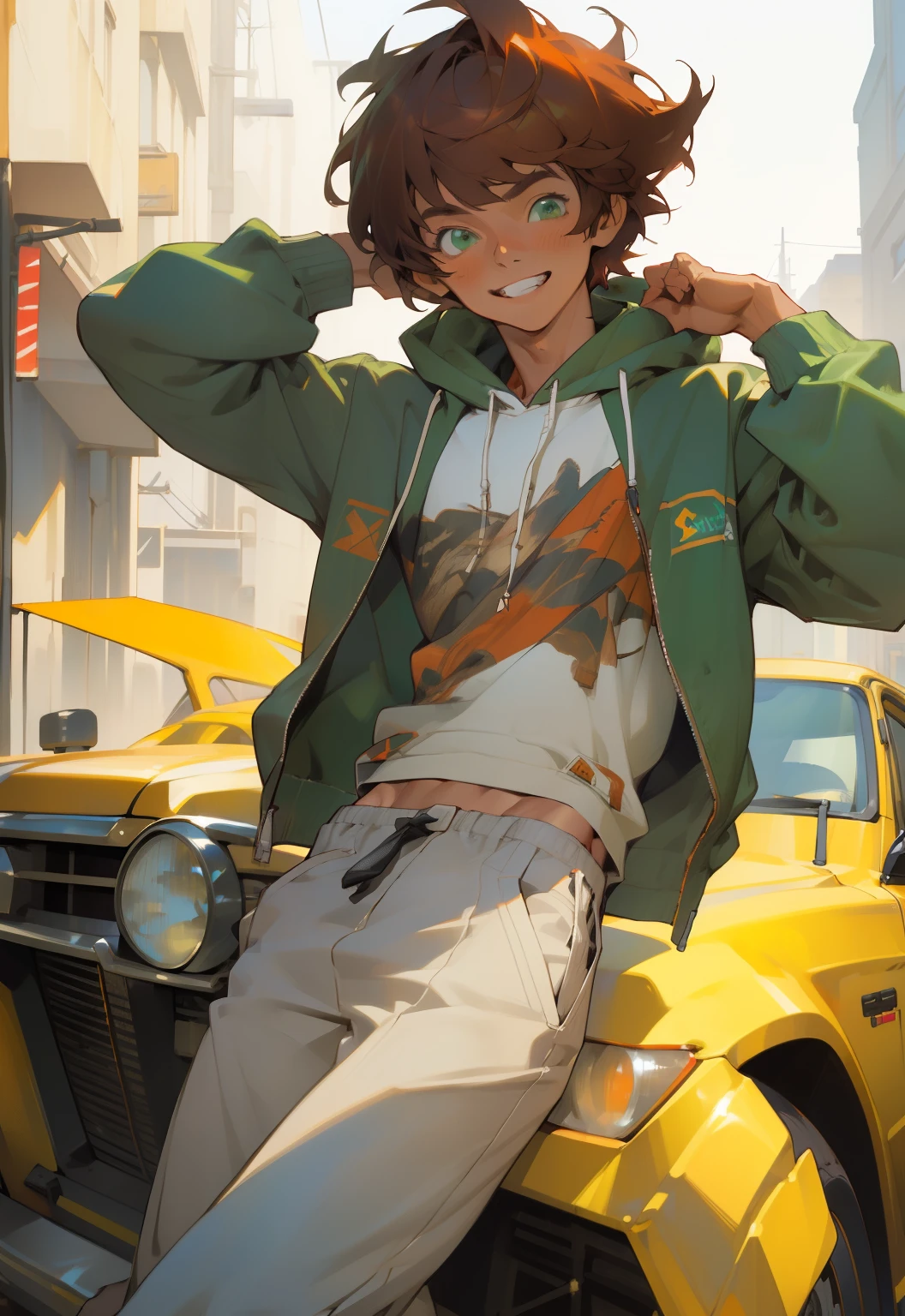 ((masterpiece)), (best quality), (absurdres), (photorealistic:1.4), 1girl, handsome girl,((flat body)) auburn red hair, , hoodie with motor sports jacket , (tanned skin, tanned male skin), bangs, green eyes, , very short messy boy cut hair, smile, grin, :D, longer face, shirt with hoodie on top, back pants