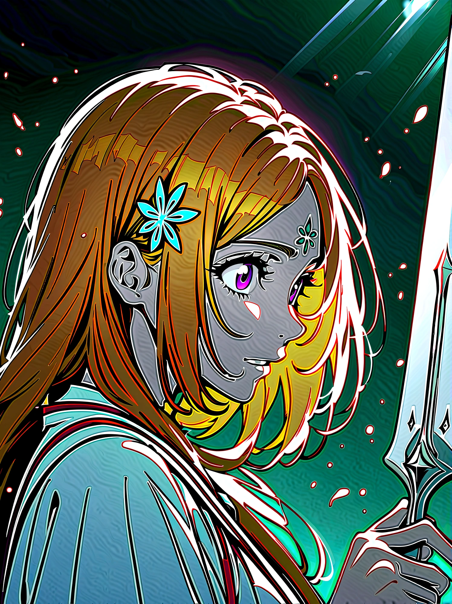 1girl, Inoue Orihime, bleach, Light blond hair, wavy ponytail, dark purple eyes, fair skin, soft face, school uniform, white kimono-style robe, red decoration, simple accessories, elegant temperament, kind, optimistic, selfless, healing ability, Shield Shun Six Flowers, forehead mark, six petals, Very aesthetic, illustration, perfect composition, moist skin, intricate details