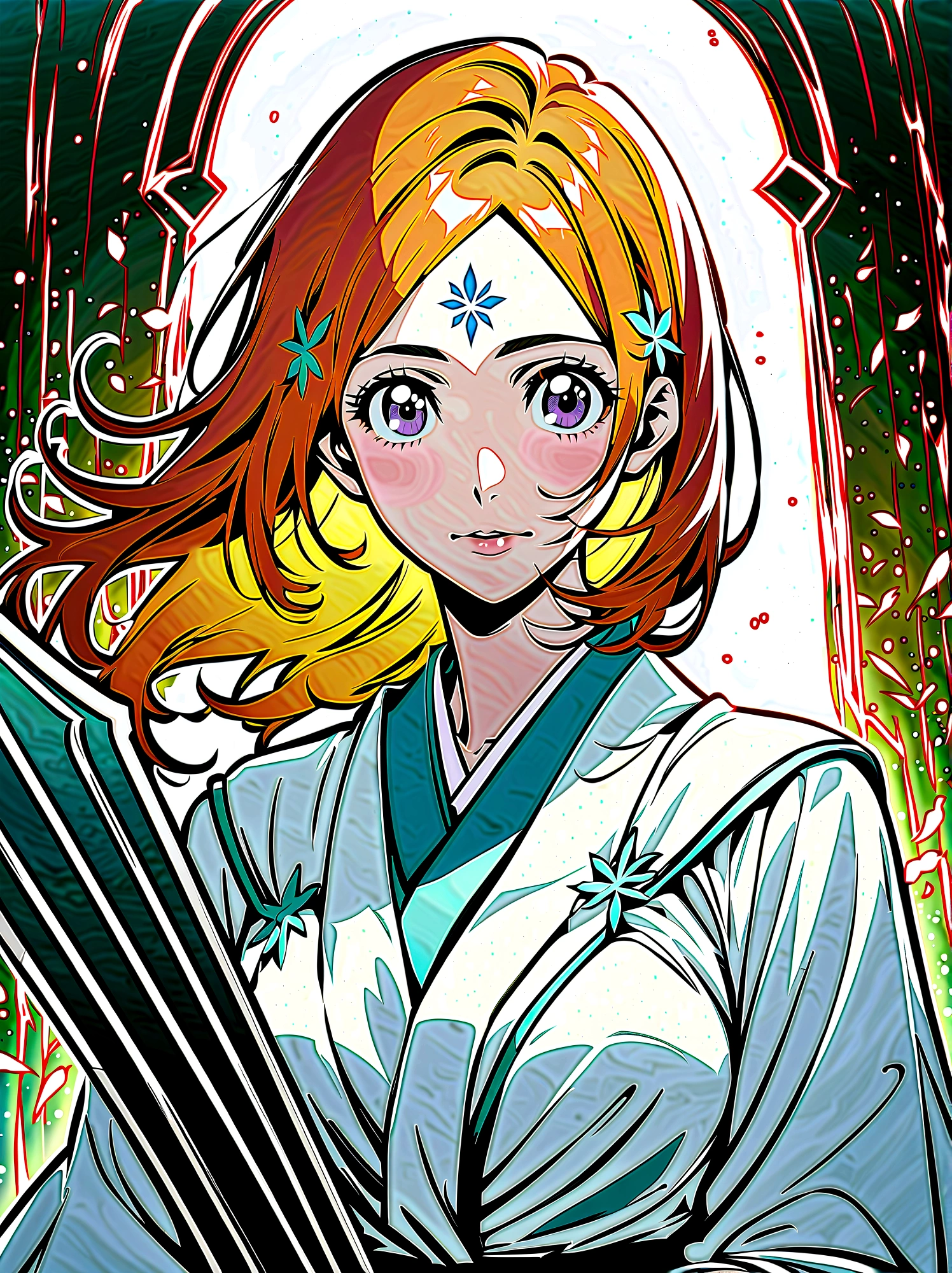 1girl, Inoue Orihime, bleach, Light blond hair, wavy ponytail, dark purple eyes, fair skin, soft face, school uniform, white kimono-style robe, red decoration, simple accessories, elegant temperament, kind, optimistic, selfless, healing ability, Shield Shun Six Flowers, forehead mark, six petals, Very aesthetic, illustration, perfect composition, moist skin, intricate details