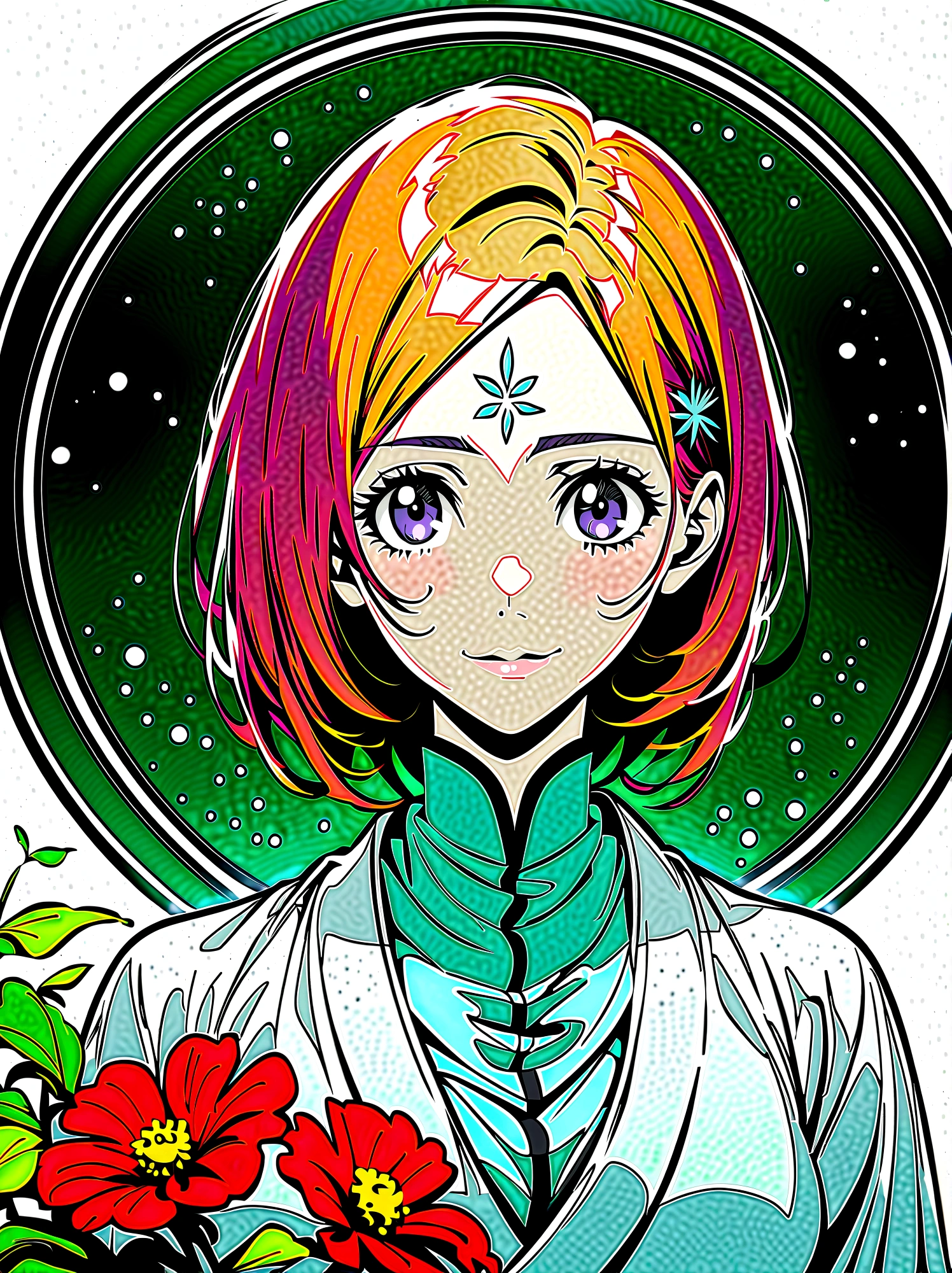 1girl, Inoue Orihime, bleach, Light blond hair, wavy ponytail, dark purple eyes, fair skin, soft face, school uniform, white kimono-style robe, red decoration, simple accessories, elegant temperament, kind, optimistic, selfless, healing ability, Shield Shun Six Flowers, forehead mark, six petals, Very aesthetic, illustration, perfect composition, moist skin, intricate details