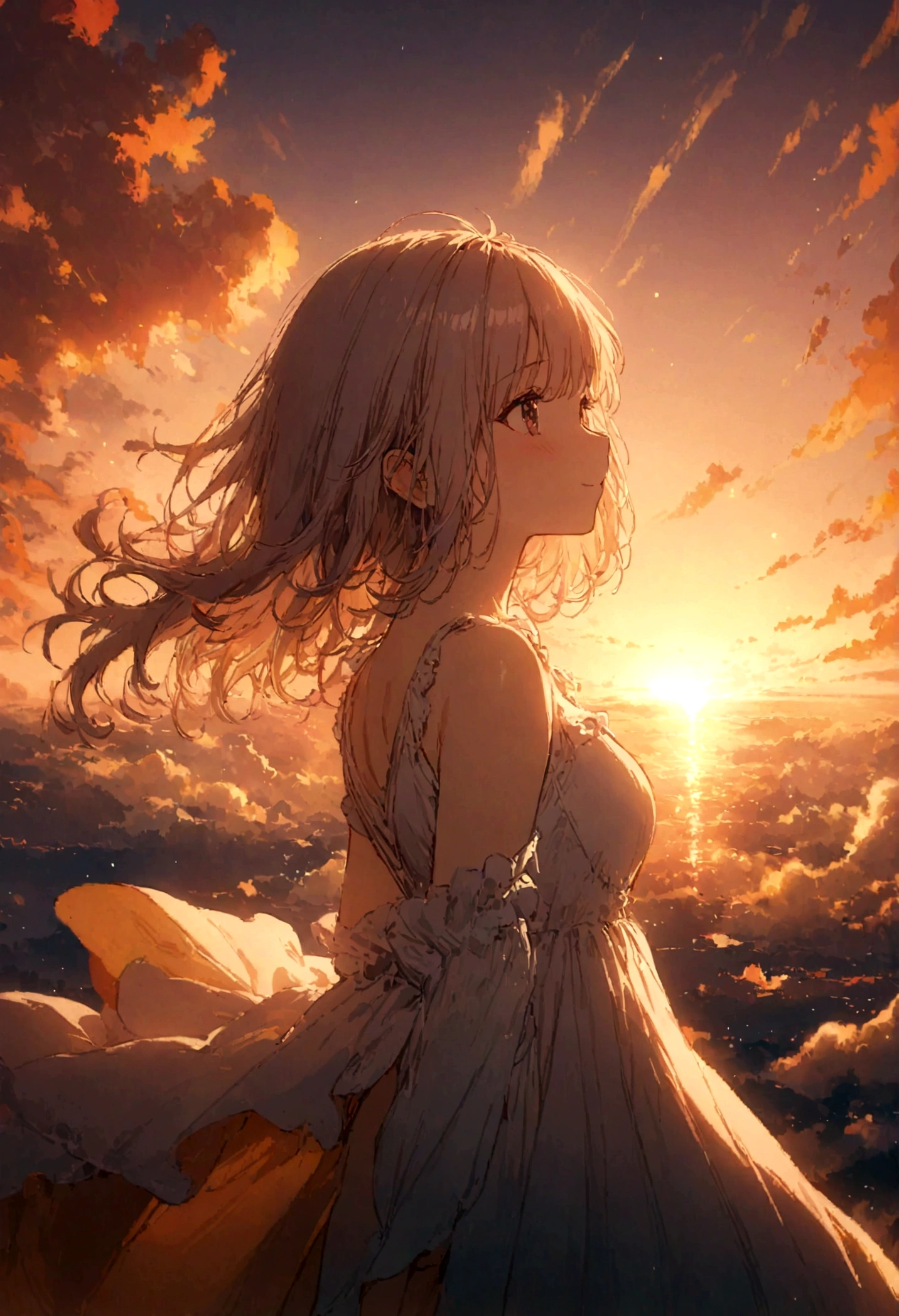 masterpiece, highest quality, Movie stills, One girl, Cloud Girl, Floating in the sky, close, bright, Happy, Warm and soft lighting, sunset, (spark:0.7)