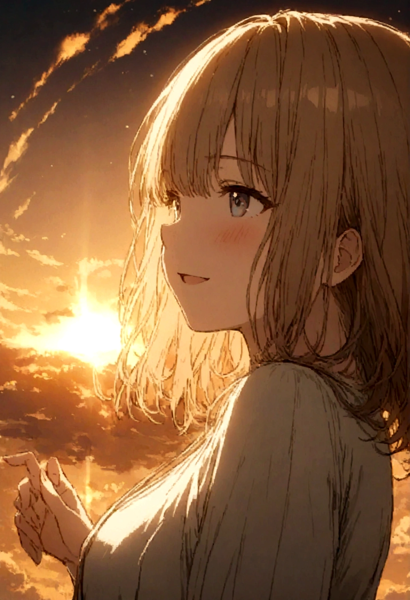 masterpiece, highest quality, Movie stills, One girl, Cloud Girl, Floating in the sky, close, bright, Happy, Warm and soft lighting, sunset, (spark:0.7)
