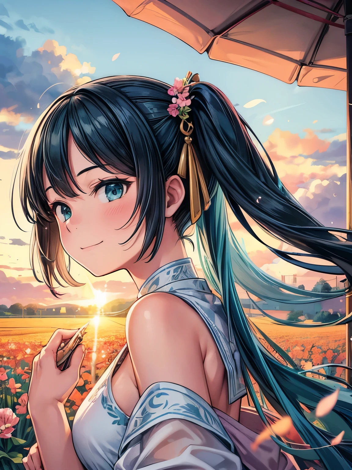 (masterpiece、highest quality、highest quality、Official Art、Beautiful and beautiful:1.2)、(One girl:1.3)Hatsune Miku、Twin tails,Beautiful breasts,award winning Digital Art, Half-body portrait of a beautiful woman in Tang Dynasty costume, Move your head、Long, flowing hair in an azure, turquoise hairstyle, Big smile, Sparklingした目, sexy, In the flower field, Golden sunset, Particles Dust, Sparkling, Paint splashes, Splash, Overtake, Vaporware, Shaded flat illustration, Digital Art, Trending on Art Station, Very detailed, The finer details, complicated