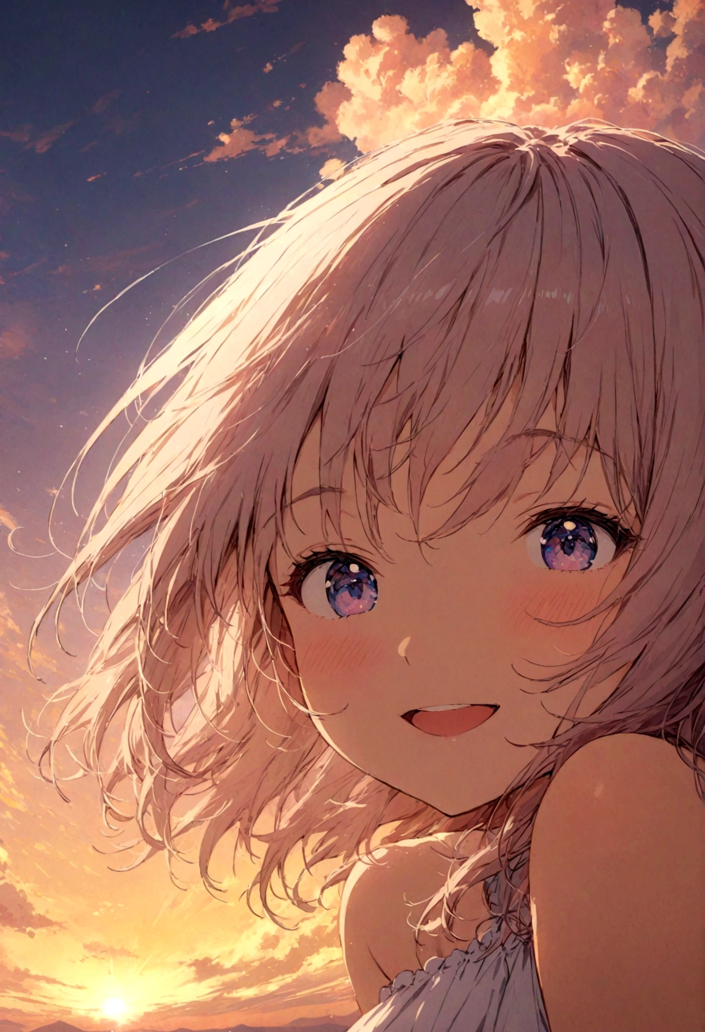 masterpiece, highest quality, Movie stills, One girl, Cloud Girl, Floating in the sky, close, bright, Happy, Warm and soft lighting, sunset, (spark:0.7)