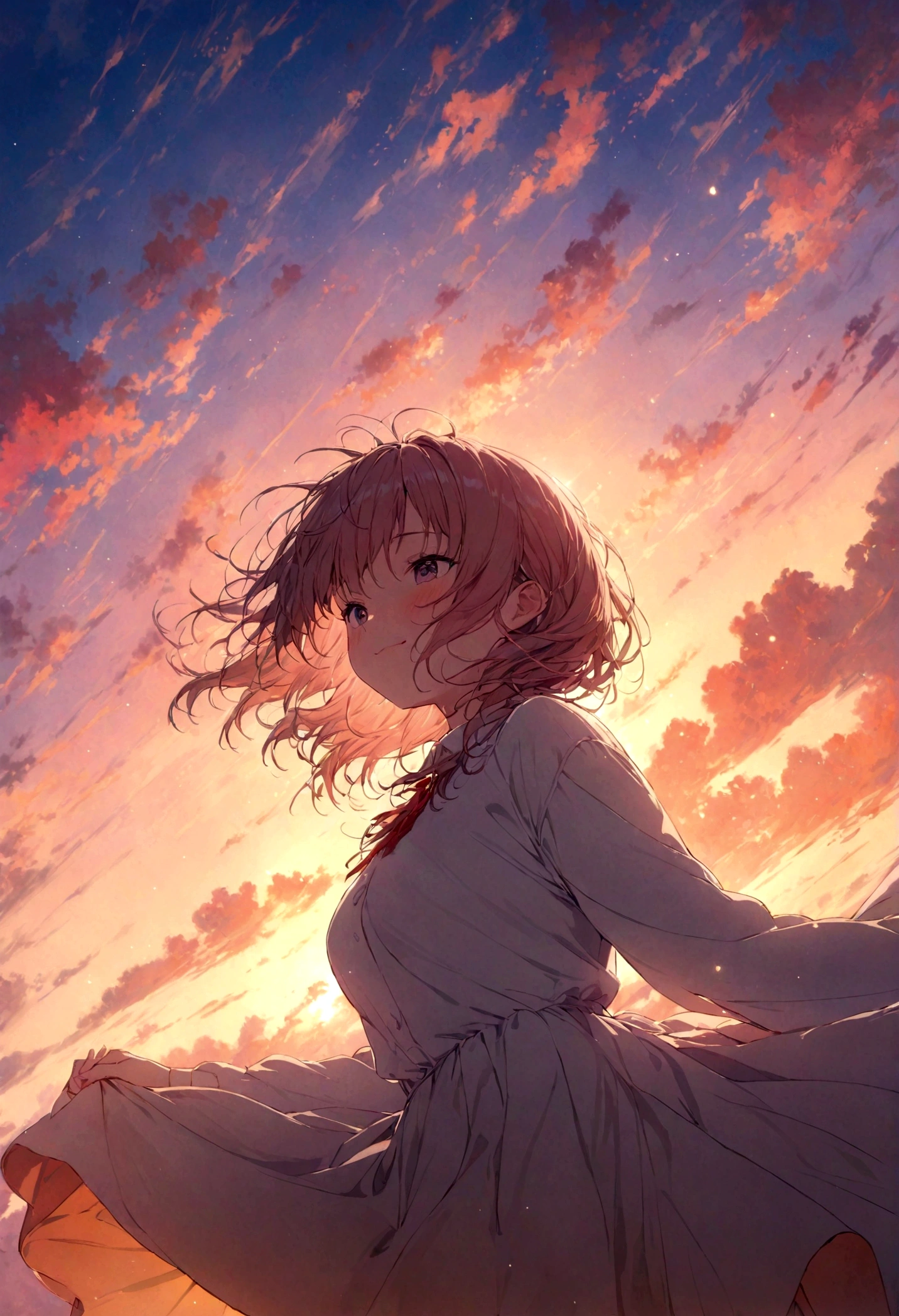 masterpiece, highest quality, Movie stills, One girl, Cloud Girl, Floating in the sky, close, bright, Happy, Warm and soft lighting, sunset, (spark:0.7)