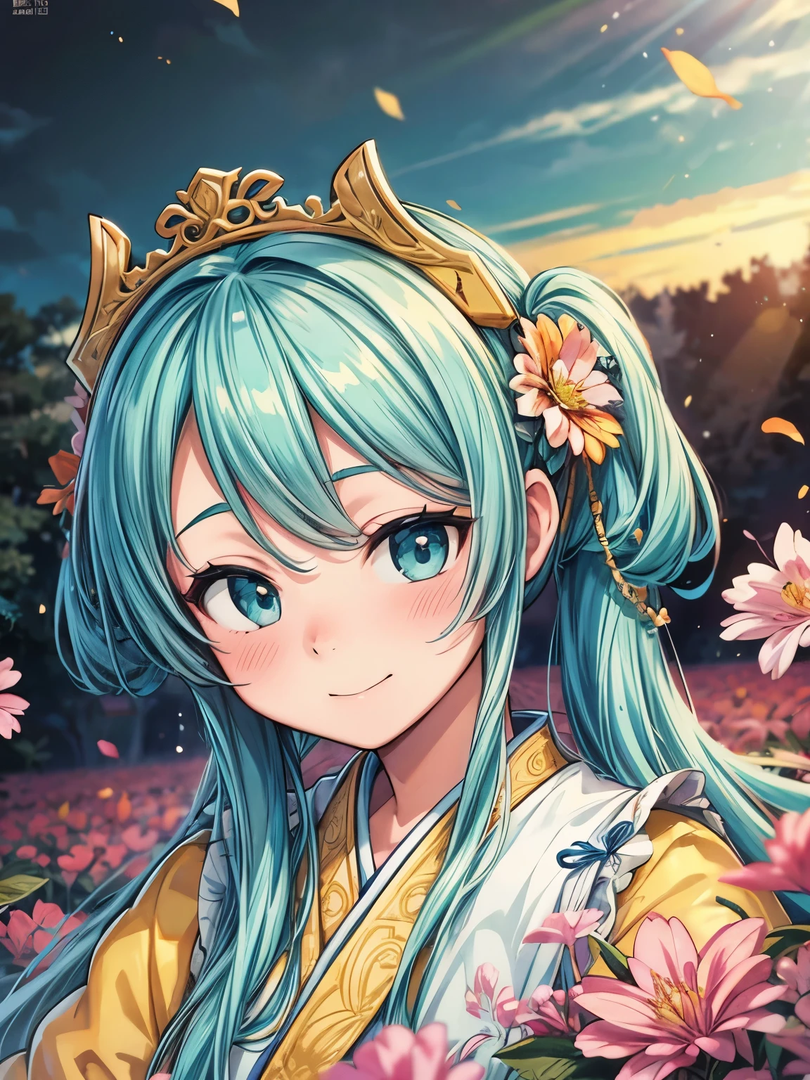 (masterpiece、highest quality、highest quality、Official Art、Beautiful and beautiful:1.2)、(One girl:1.3)Hatsune Miku、Twin tails,Beautiful breasts,award winning Digital Art, Half-body portrait of a beautiful woman in Tang Dynasty costume, Move your head、Long, flowing hair in an azure, turquoise hairstyle, Big smile, Sparklingした目, sexy, In the flower field, Golden sunset, Particles Dust, Sparkling, Paint splashes, Splash, Overtake, Vaporware, Shaded flat illustration, Digital Art, Trending on Art Station, Very detailed, The finer details, complicated