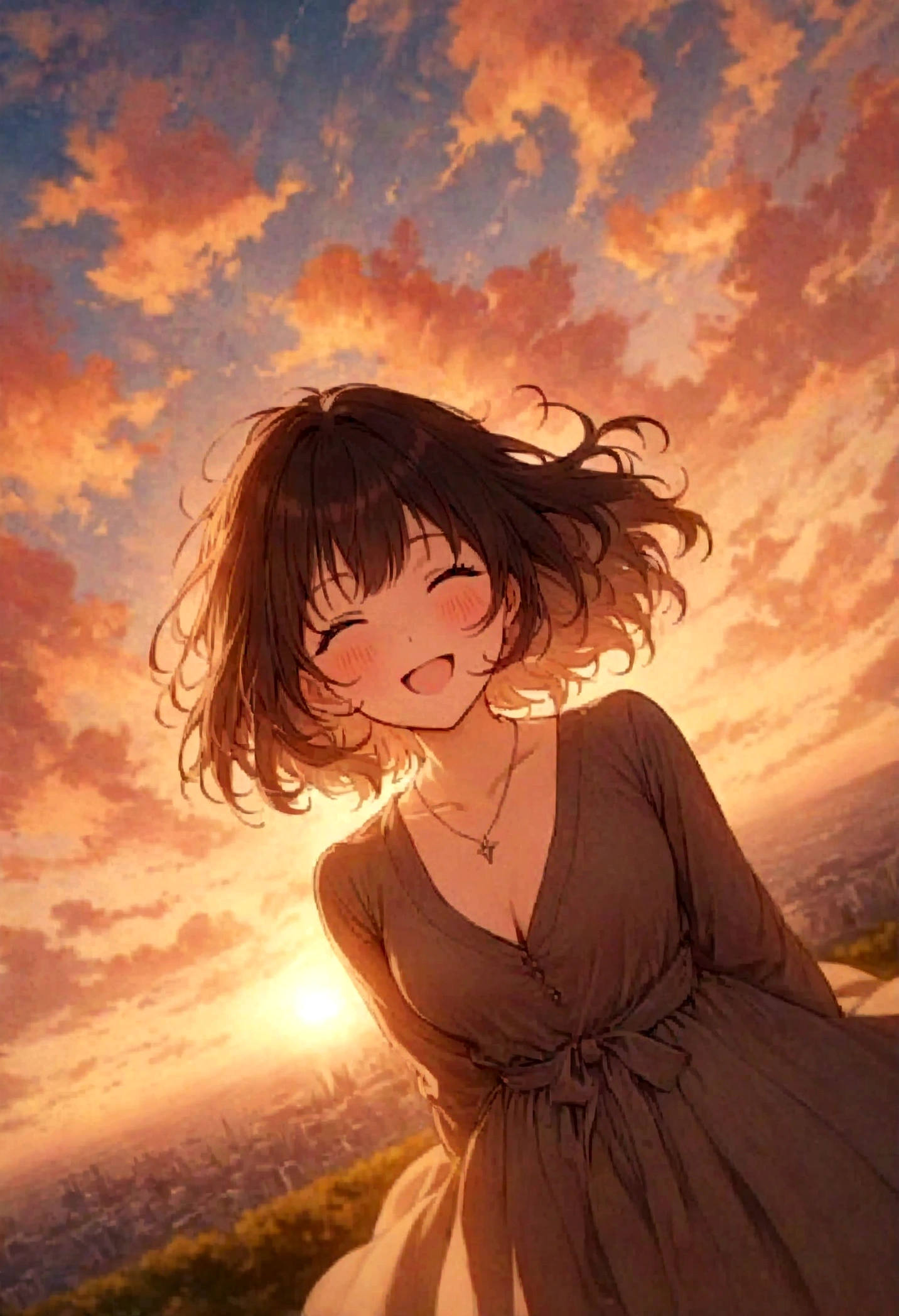 masterpiece, highest quality, Movie stills, One girl, Cloud Girl, Floating in the sky, close, bright, Happy, Warm and soft lighting, sunset, (spark:0.7)