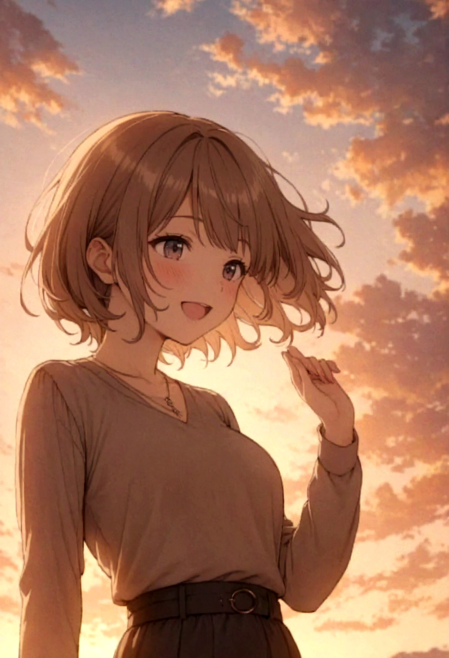 masterpiece, highest quality, Movie stills, One girl, Cloud Girl, Floating in the sky, close, bright, Happy, Warm and soft lighting, sunset, (spark:0.7)