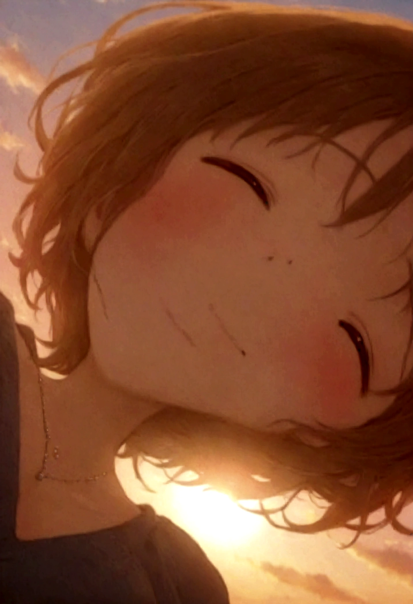 masterpiece, highest quality, Movie stills, One girl, Cloud Girl, Floating in the sky, close, bright, Happy, Warm and soft lighting, sunset, (spark:0.7)