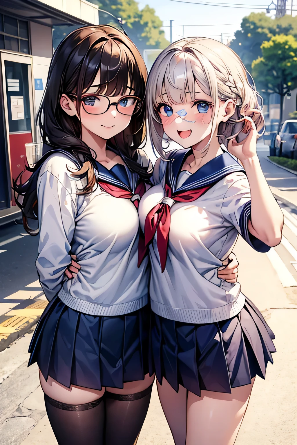 highest quality、High resolution、Detailed Background、(Beautiful face in every detail:1.4)、Anatomically correct、(Detailed facial expressions)、(Detailed eyes:1.2)、Teenage beauty、(Highly detailed face:1.4)、(Huge breasts:1.1)、Cute hair colour、Bobcut、Braided Ponytail、well-groomed eyebrows、Accentuate your breasts、Glasses、White Sailor Suit、Light blue sailor collar、School Cardigan、Checkered pleated mini skirt、White Stockings、On the way to school、Wait for the train at the station platform、(Two beautiful girls having fun:1.5)、Laughter、smile、sexual expression、Please show me your whole body、Playfully hugging、Cute gestures