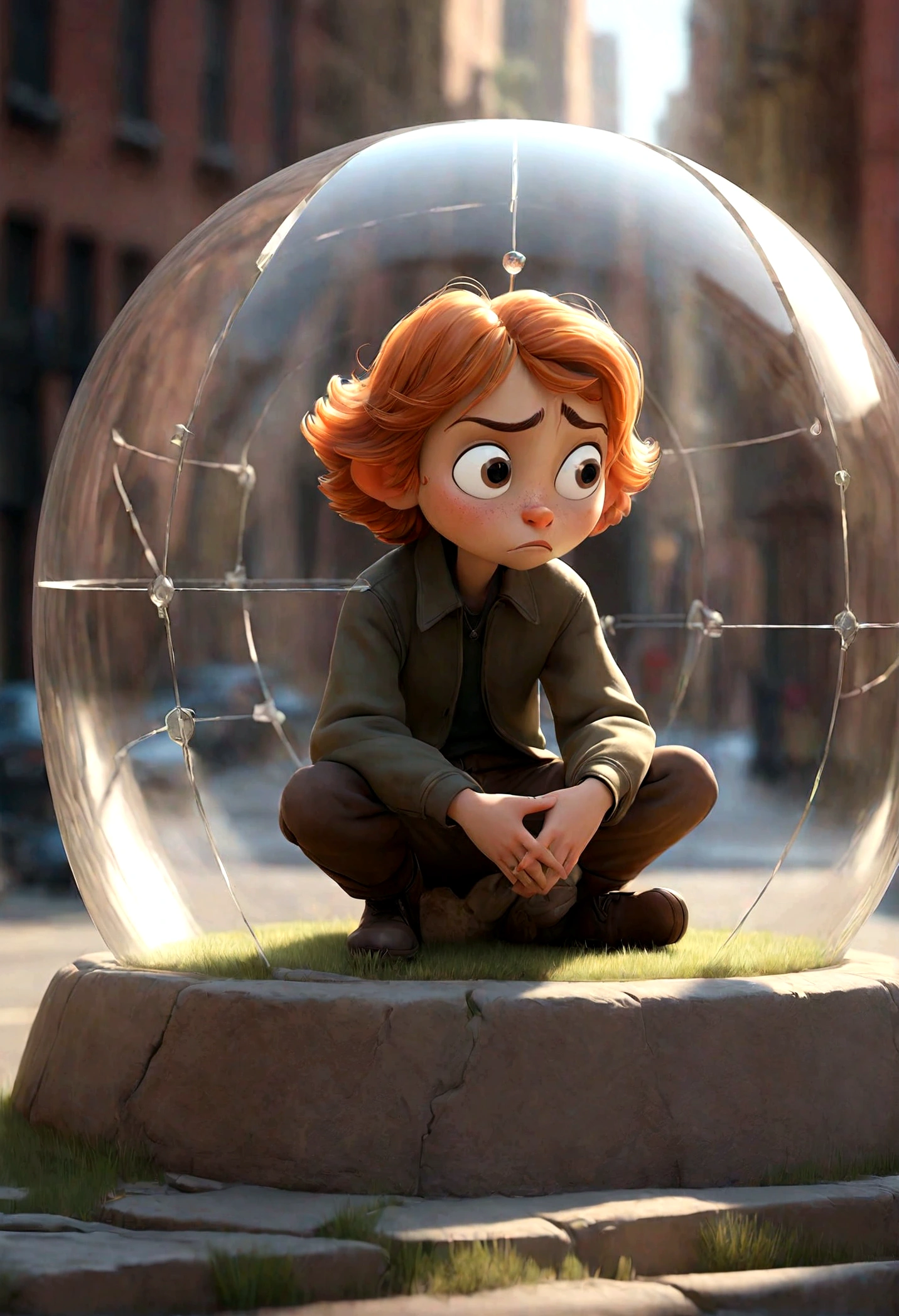 In the picture, there is a person sitting inside a transparent ball, and the ball is stopped at the center of a crossroads. There are pathways extending in four directions, but in another direction, there is a similar transparent ball about to pass through the intersection.