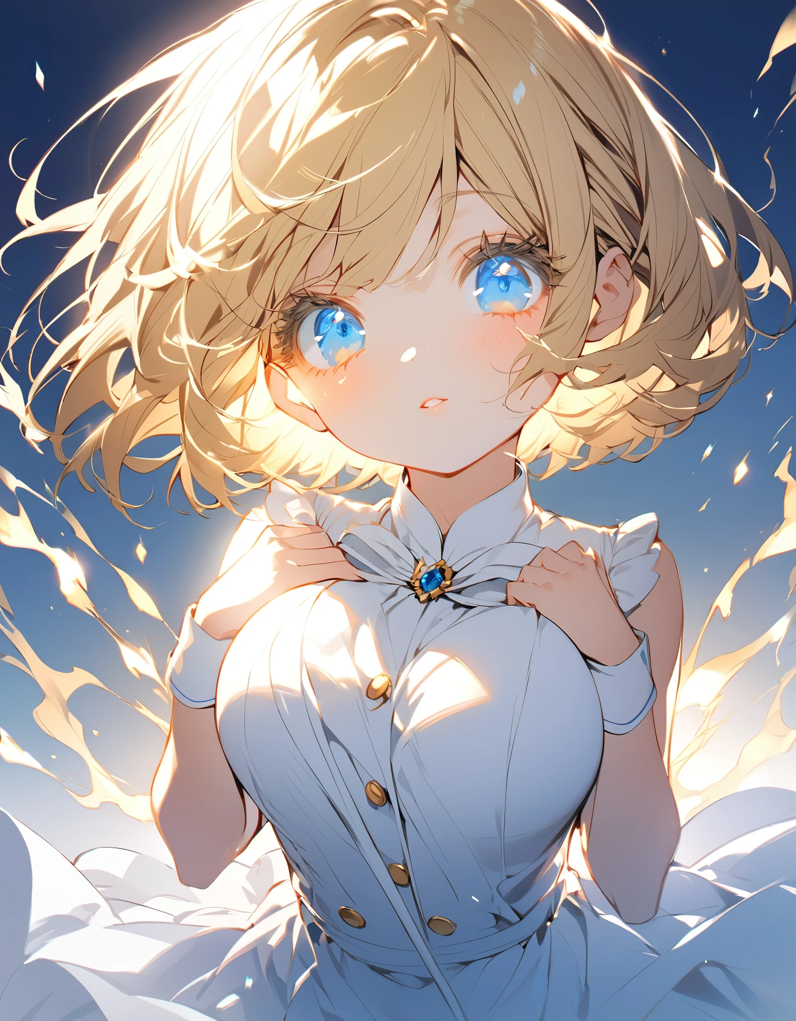 Navy blue original uniform (***********:1.5), (blonde:1.5）(eyelash:1.2) (Short Bob Hair:1.4), (Blue eyes)(Big Breasts:1.3)High contrast Golden glowing flames all over the body（Shining Light:1.5）
