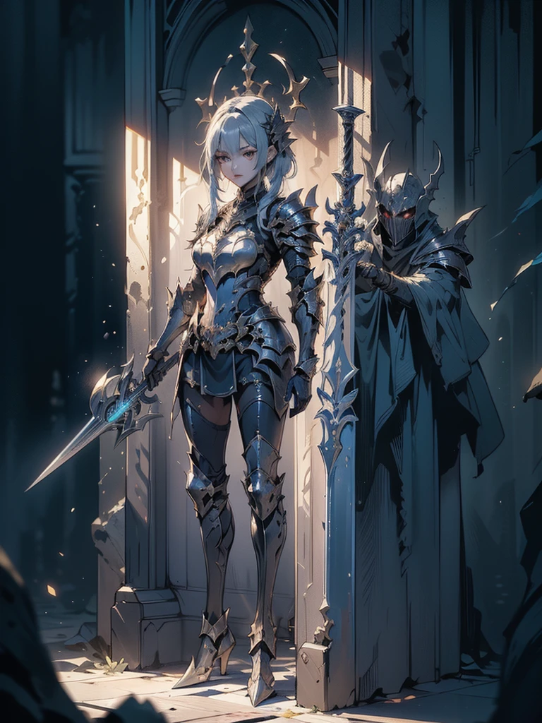 Design a layout showcase Gaming character, (1girl). Black+Gold clothes, opulent and dark, ((showcase weapon:1.4)), cursed blade, (masterpiece:1.2), (best quality), 4k, ultra-detailed, (Step by step design, layout art:1.5), (gloomy lighting, cursed atmosphere), dark knight, ((cursed gloves)), (((revealing armor:1.3))), dark vambraces, cursed boots, (((full_body_shot:1.4)))