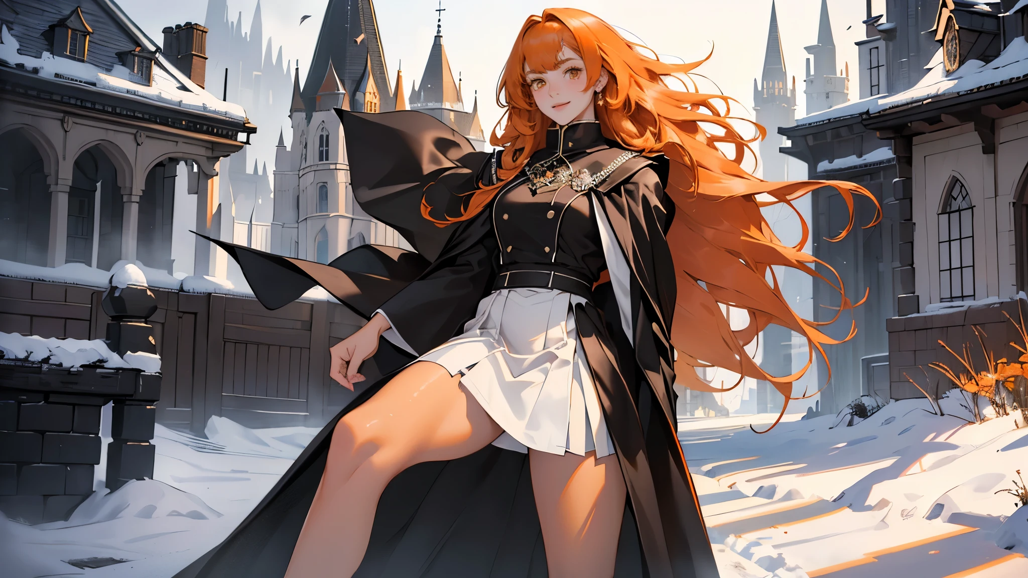 (girl), masterpiece, ultra detailed, 8K Portrait, Raw photo, woman's portrait photography, full body, Highly detailed face, mischievous childish smile, blush, ((Fantasy)), ((young)), , 160cm, (((student))), ((tanned skin)), (((dark orange colored long straight hair))), (((blunt bangs))), hair ornament, (((black silk long cloak))) Fluttering in the wind, (high school dark white uniform:1.5), Plaid short skirt, Midday sun, Hyper realistic, Slender body, by the snowy castle, Ambient lighting, Shadow details, Camera focus on face, strong breeze, Light fog