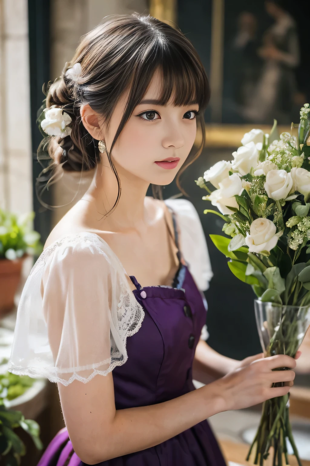 ((Tabletop:1.4, highest quality)), (Realistic photos:1.4),
((1 girl)), (Otherworldly beauty), (dream-like),
(超High resolution:1.2), Very delicate and beautiful, wonderful, Very detailed CG Unity 8k wallpaper, Very detailed, High resolution,
Soft Light, Beautiful detailed girl, Very detailedな目と顔, Beautiful and detailed nose, Beautiful and detailed,
(Dressed in 19th century French costume:1.3),
Cinema Lighting, Perfect Anatomy, Slender body, (Parted bangs),
(Impressionist portrait of a beautiful girl), (Flower girl from a Parisian flower shop in the late 19th century), (Florist in downtown Paris), (Impressionist Purple Shades),
Cowboy Shot, Looking at the audience