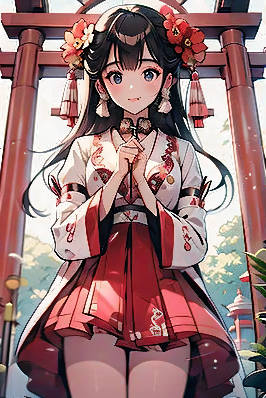 Shrine maiden、Naughty、prayer、(Beautiful woman、Perfect Fingers、Perfect legs、High resolution)、torii、shrine