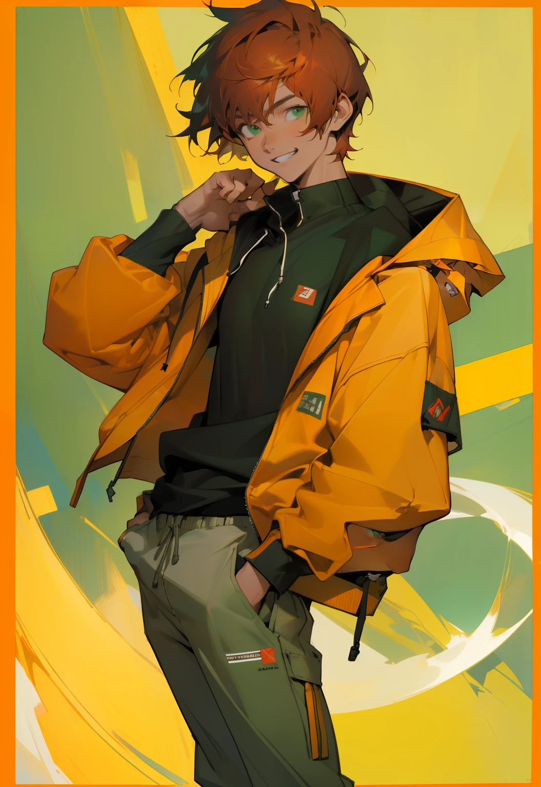 ((masterpiece)), (best quality), (absurdres), (photorealistic:1.4), 1girl, handsome girl,((flat body)) auburn red hair, , hoodie with motor sports jacket , (tanned skin, tanned male skin), bangs, green eyes, , very short messy boy cut hair, smile, grin, :D, longer face, shirt with hoodie on top, back pants