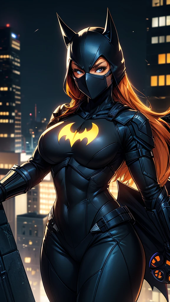 A Batgirl character wearing a highly advanced and technologically sophisticated mask and costume with the Batman symbol on the chest featuring yellow LED lights, standing on a rooftop in the dark night of Gotham City with her orange hair flowing in the wind