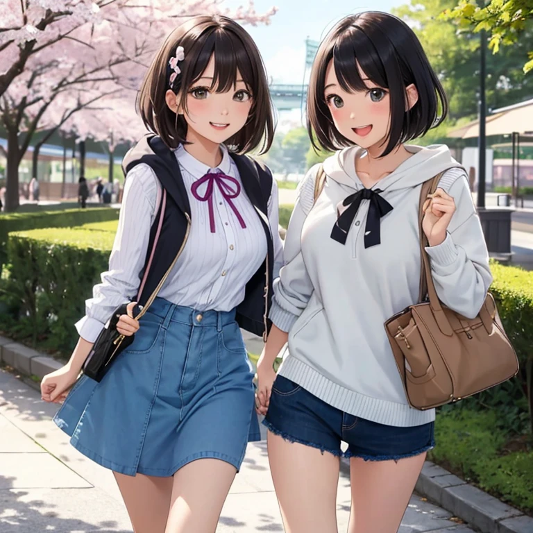 (highest quality:1.4)、Ultra-high resolution、Detailed Background、masterpiece、Anatomically correct、Detailed face、(Beautiful face in every detail:1.3)、cute20代の美女、brown hair or cute colored hair、(Huge breasts:1.2)、Realistic、Perfect body line、Attractive woman、Full Body Shot、Cowboy Shot、
(Two women having fun and looking happy:1.5)、
He looked at me with a happy expression.、smile、A big smile、cute、The gesture of fixing hair messed up by the wind、cute仕草、
Tight silhouette, casual and modest shorts、Shorts with a rounded silhouette that gives a bright impression are popular.、Focus on the base and color、
The trend is、Step cut one length bob and wolf cut.、
Software Trends, Layered long hairstyles and hairstyles that frame the face continue.、
Pair it with a striped shirt, White bags and shoes perfect for a spring look.、
We recommend knitwear and cardigans with compact silhouettes..、
If you want to look casual, try wearing a sweatshirt or hoodie..、
Try choosing a cut-and-sew top or pullover..、
Try wearing the vest as a layered outfit.、
Narrow flare、Try choosing a mini skirt or a flared skirt.、
Complete your outfit with just one dress、
Wear this jacket casually、Try layering for a fun style..、
Large ribbons that add elegance are in style.、
The dark colored ribbons are especially suitable for mature women..、
Chiffon and chic color ribbon barrette、
Cherry blossom festivals will be held all over Japan.、Especially Hirosaki Park and Philosophers in Aomori Prefecture'Roads of Kyoto.、Fukuoka Castle in Fukuoka is famous..、cute