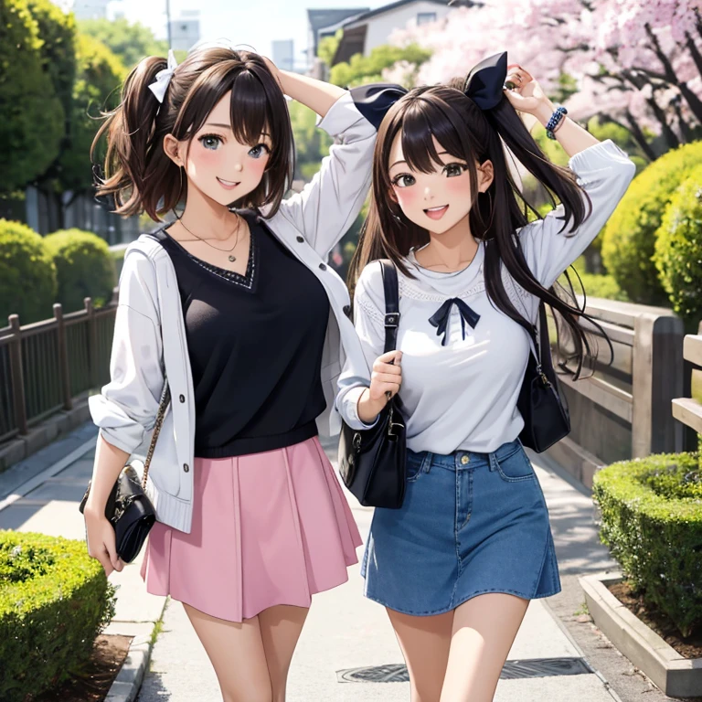 (highest quality:1.4)、Ultra-high resolution、Detailed Background、masterpiece、Anatomically correct、Detailed face、(Beautiful face in every detail:1.3)、cute20代の美女、brown hair or cute colored hair、(Huge breasts:1.2)、Realistic、Perfect body line、Attractive woman、Full Body Shot、Cowboy Shot、
(Two women having fun and looking happy:1.5)、
He looked at me with a happy expression.、smile、A big smile、cute、The gesture of fixing hair messed up by the wind、cute仕草、
Tight silhouette, casual and modest shorts、Shorts with a rounded silhouette that gives a bright impression are popular.、Focus on the base and color、
The trend is、Step cut one length bob and wolf cut.、
Software Trends, Layered long hairstyles and hairstyles that frame the face continue.、
Pair it with a striped shirt, White bags and shoes perfect for a spring look.、
We recommend knitwear and cardigans with compact silhouettes..、
If you want to look casual, try wearing a sweatshirt or hoodie..、
Try choosing a cut-and-sew top or pullover..、
Try wearing the vest as a layered outfit.、
Narrow flare、Try choosing a  or a flared skirt.、
Complete your outfit with just one dress、
Wear this jacket casually、Try layering for a fun style..、
Large ribbons that add elegance are in style.、
The dark colored ribbons are especially suitable for mature women..、
Chiffon and chic color ribbon barrette、
Cherry blossom festivals will be held all over Japan.、Especially Hirosaki Park and Philosophers in Aomori Prefecture'Roads of Kyoto.、Fukuoka Castle in Fukuoka is famous..、cute