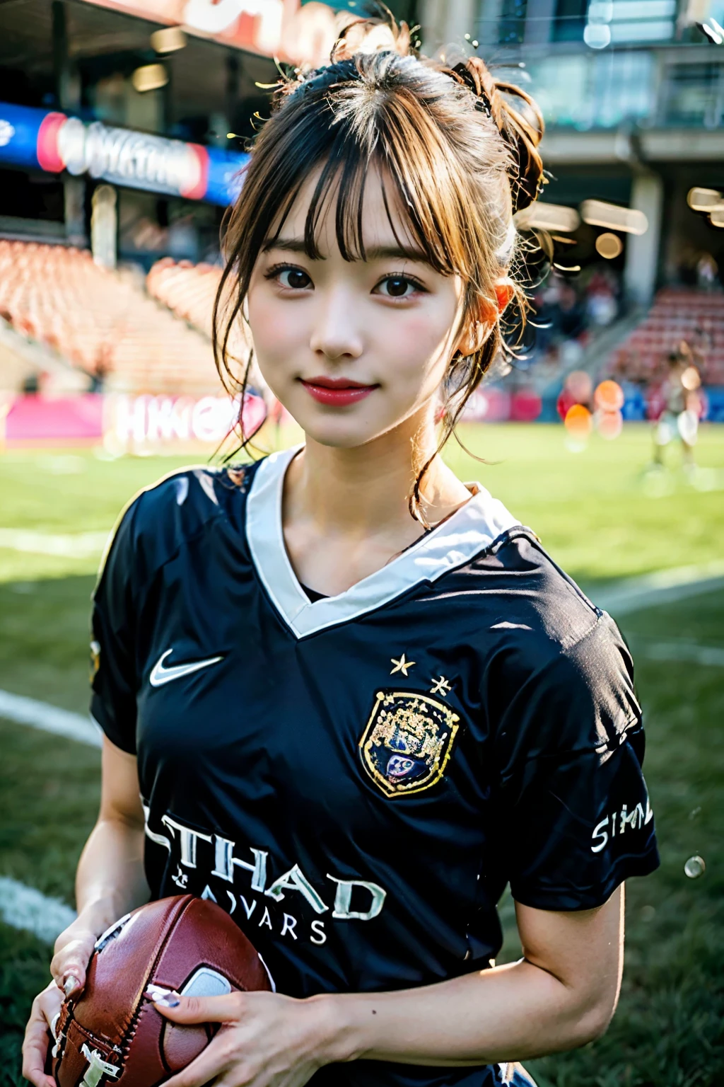 (8K, RAW photos, top quality, masterpiece: 1.2), masterpiece, super detailing, Ultra high resolution energy A, (realistic and realistic photos: 1.37), High-quality RAW color photos, Very delicate and beautiful., Agree, 8k wallpaper, amazing, Detail, very detailed eyes, highly detailed skin, very detailed fingers, very detailed nose, very detailed mouth, complete anatomy,1 girl, (Manchester City football jerseys), manchester city soccer uniform,big bust,slim,firm buttocks,stockings,Keep your mouth shut、smile happily、big eyes、distinct double eyelids、Eyelashes、long neck、absolute area、clean collarbone、your face is perfect、thin lips、small face、(gaze toward the viewer、highlight on the eyes、light brown eyes、shine on lips) , (Football matches장:1.4) like a jewel, cute smile,Short hair, alone, 18 years old、Aiming to become a gravure idol, perfect lighting,dynamic angle, (kick the ball dynamically:1.6),Football matches,