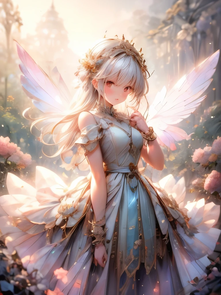 highest quality,Super detailed,Realistic,Portraiture,Transparent crimson ball gown dress,Flower Fairy,Classical garden,Colorful flowers,figure,Pictorial expression,Vibrant colors,Lush garden,Magical atmosphere,wood々Soft sunlight flowing through the space,Delicate petals,Natural Beauty,fantastic and enchanting,Airy、Full of light,非Realisticで夢のような,The attention to detail is impressive,Subtle shadows and highlights,Dainty Wings,Graceful posture,Expression of joy,Dew glistening on the petals,Fantasy World,Romantic and whimsical atmosphere,Harmonious composition,Feminine and elegant,Carefully crafted lacework,Heavenly Beauty,Intricate embroidery,Meticulous brushwork,Textured Surfaces,Soft flowing fabric,Illustrated Romance,A storybook-like setting,Calm and quiet,Lively and lively,Immersive Art Experience,Magic Garden,children's book figure,Unforgettable visual storytelling
