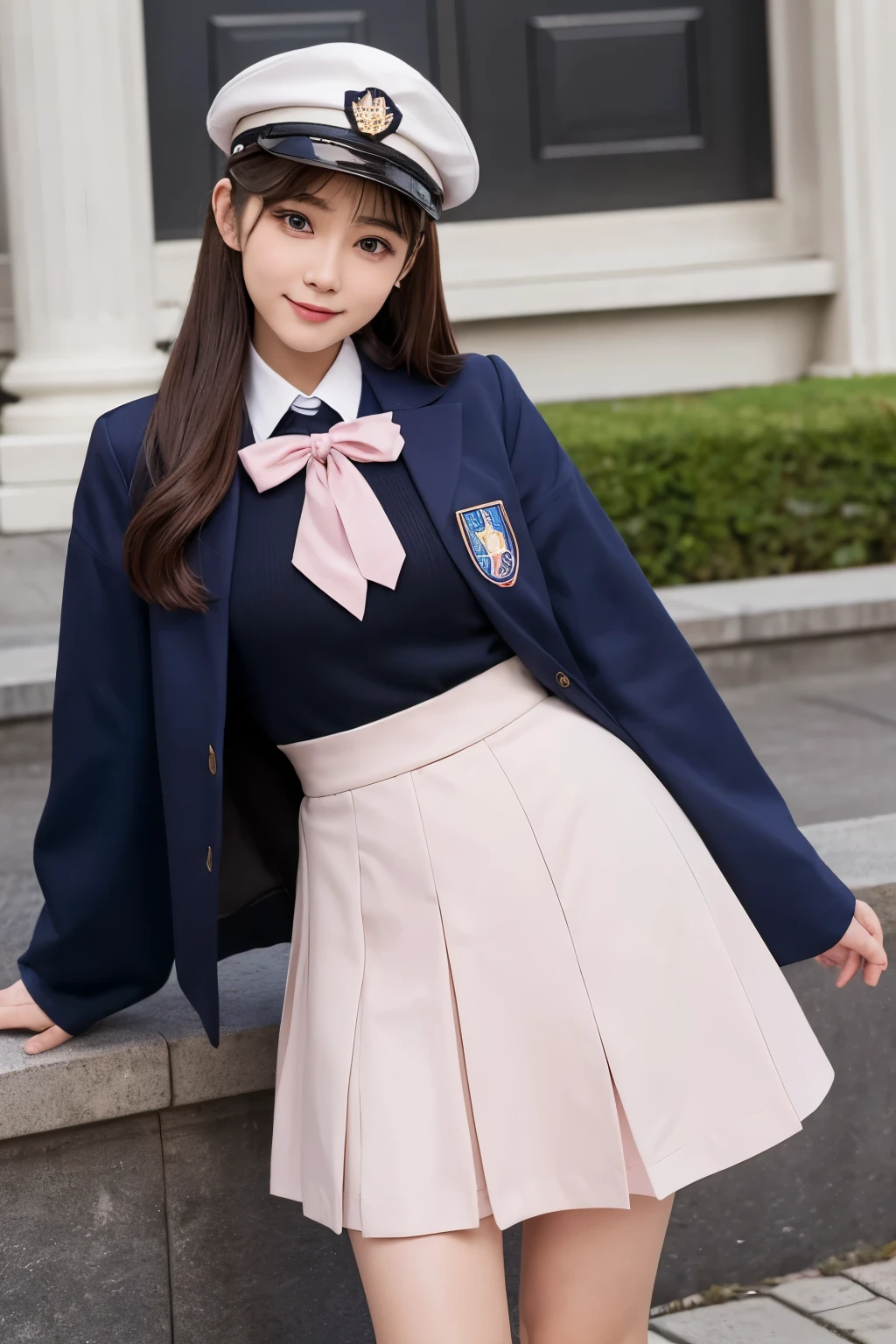 The character is a young woman.、Wearing a uniform。Her hair is reddish pink、It is long and straight。On his head he had a blue beret、Decorated with black ribbon。
The uniform、The navy blue jacket features a large pink ribbon.、Paired with a white shirt。The jacket has gold trim on the sleeves and collar.、Designed with care down to the last detail。The skirt is light grey、It is a soft and wide design。She is wearing white socks and brown loafers.。
The character has one hand on his hip、She is posing with her other hand close to her face.。The expression is cheerful and bright、The picture is drawn to highlight her charm.。as a whole、This illustration is adorable、Gives a vivid impression。
