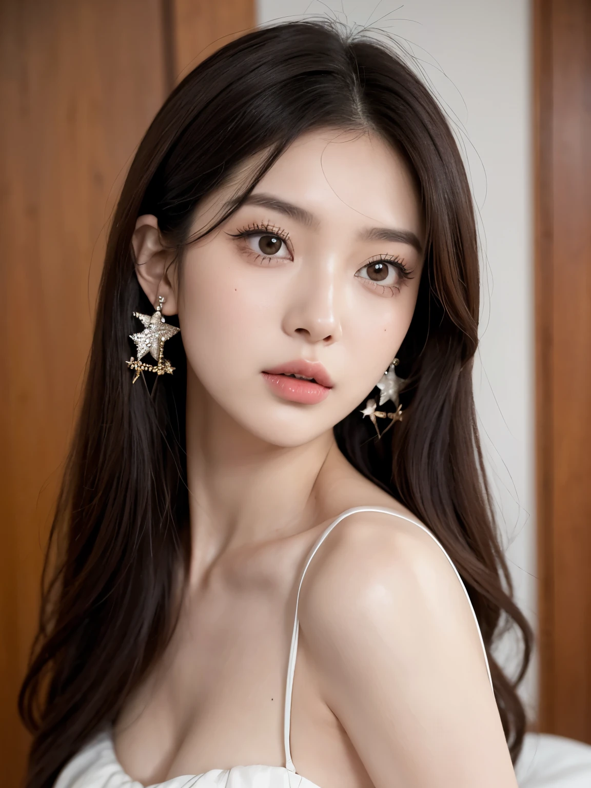 Kim Jennie with white brown hair, con rulos en las puntas, with two bows on each side of the hair, all her hair white brown, with a star clip in her white brown hair, ojos de color claro, ojos bonitos, ojos llorosos, nariz bonita y respingada, nariz lloroso, labios bonitos, labios rosas, heart and cupid shaped lip, piel bonita, pale, piel blanca, con lunares y pecas en todo el rostro, rubor rosa suave en las mejilla, rubor rosa natural, maquillaje suave y rosa, jennie, cuello bonito, cuello marcado, frown, mirada tierna, con un collar de beso, un collar bonito de beso, parecido a Yumeko Jabami, mientras lleva puesto un Crochet YK2, de lana, with a YK2 style brown mini skirt, mientras lleva una casaca con estampados de ositos, mientras tiene el abdomen desnudo, delgado, marcado y bonito, (pechos grandes, pechos suaves, pechos bonitos), mientras esta haciendo cospaly del personaje Yumeko Jabami, del anime Kakegurui, mirando a la camara