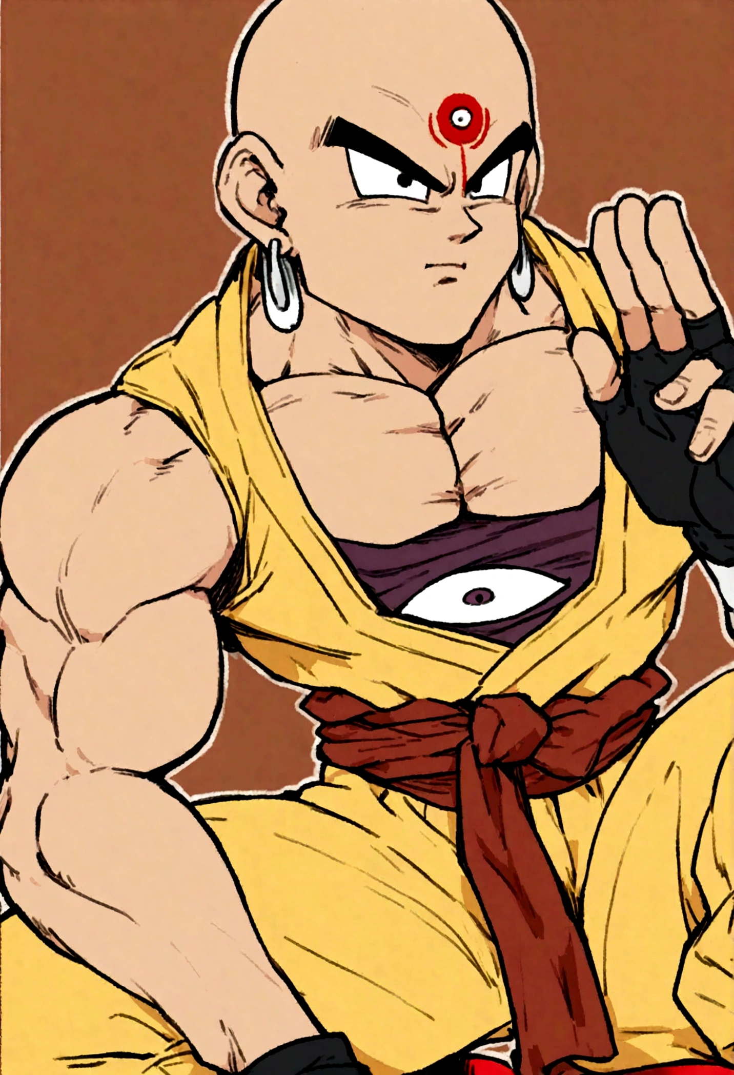 1boy, Dragon Ball, Tien Shinhan, Martial artist, lean muscles, bald head, piercing eyes, third eye, telepathy, telekinesis, red and yellow uniform, sleeveless turtleneck, yellow pants, red boots, fingerless gloves, distinctive logo belt, earrings, elegant