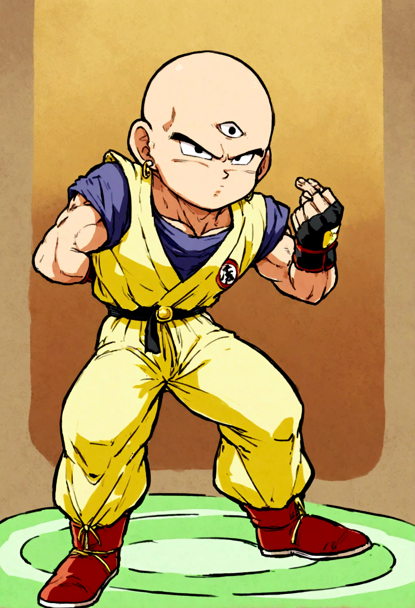 1boy, Dragon Ball, Tien Shinhan, Martial artist, lean muscles, bald head, piercing eyes, third eye, telepathy, telekinesis, red and yellow uniform, sleeveless turtleneck, yellow pants, red boots, fingerless gloves, distinctive logo belt, earrings, elegant
