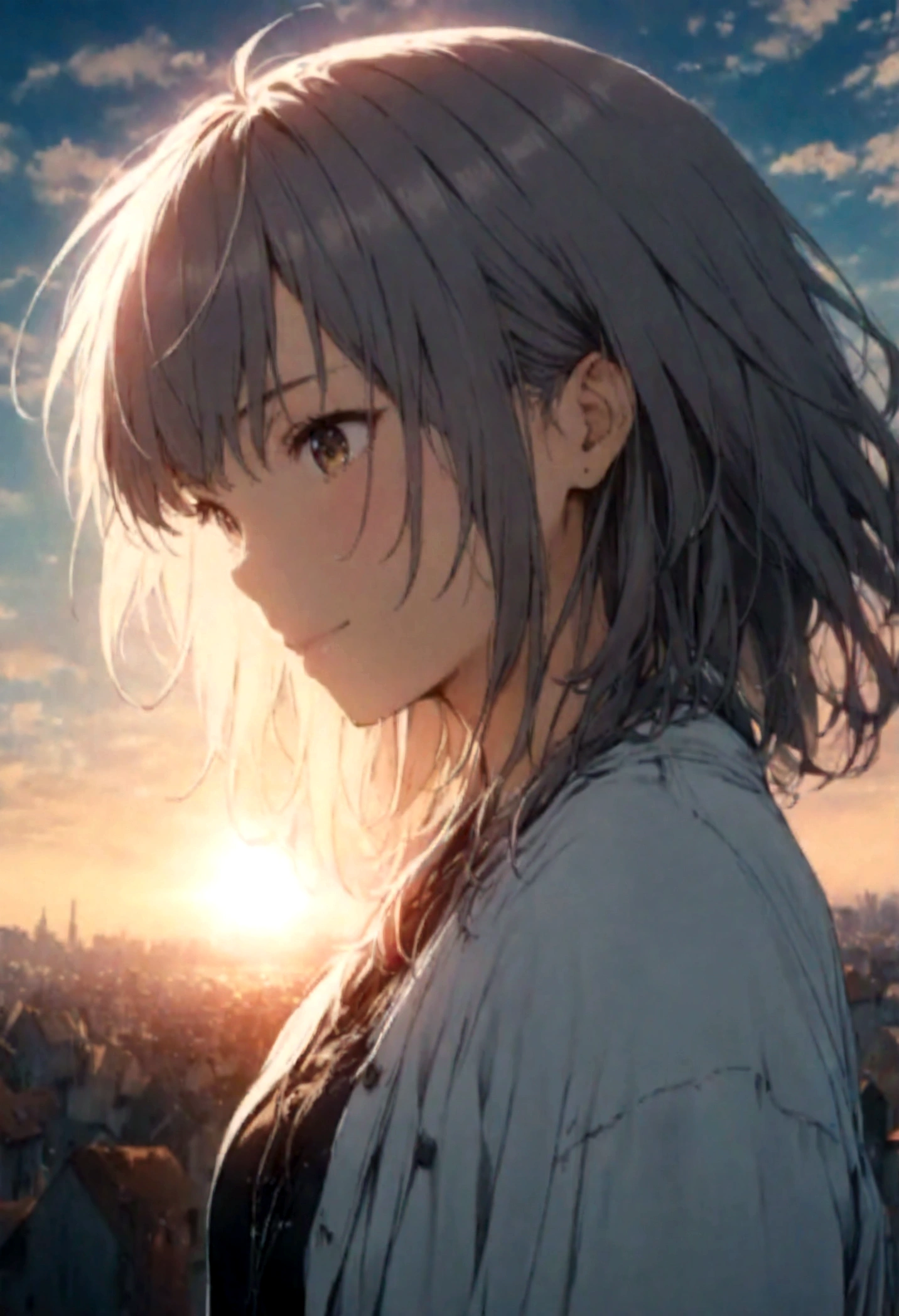 masterpiece, highest quality, Movie stills, One girl, Cloud Girl, Floating in the sky, close, bright, Happy, Warm and soft lighting, sunset, (spark:0.7)