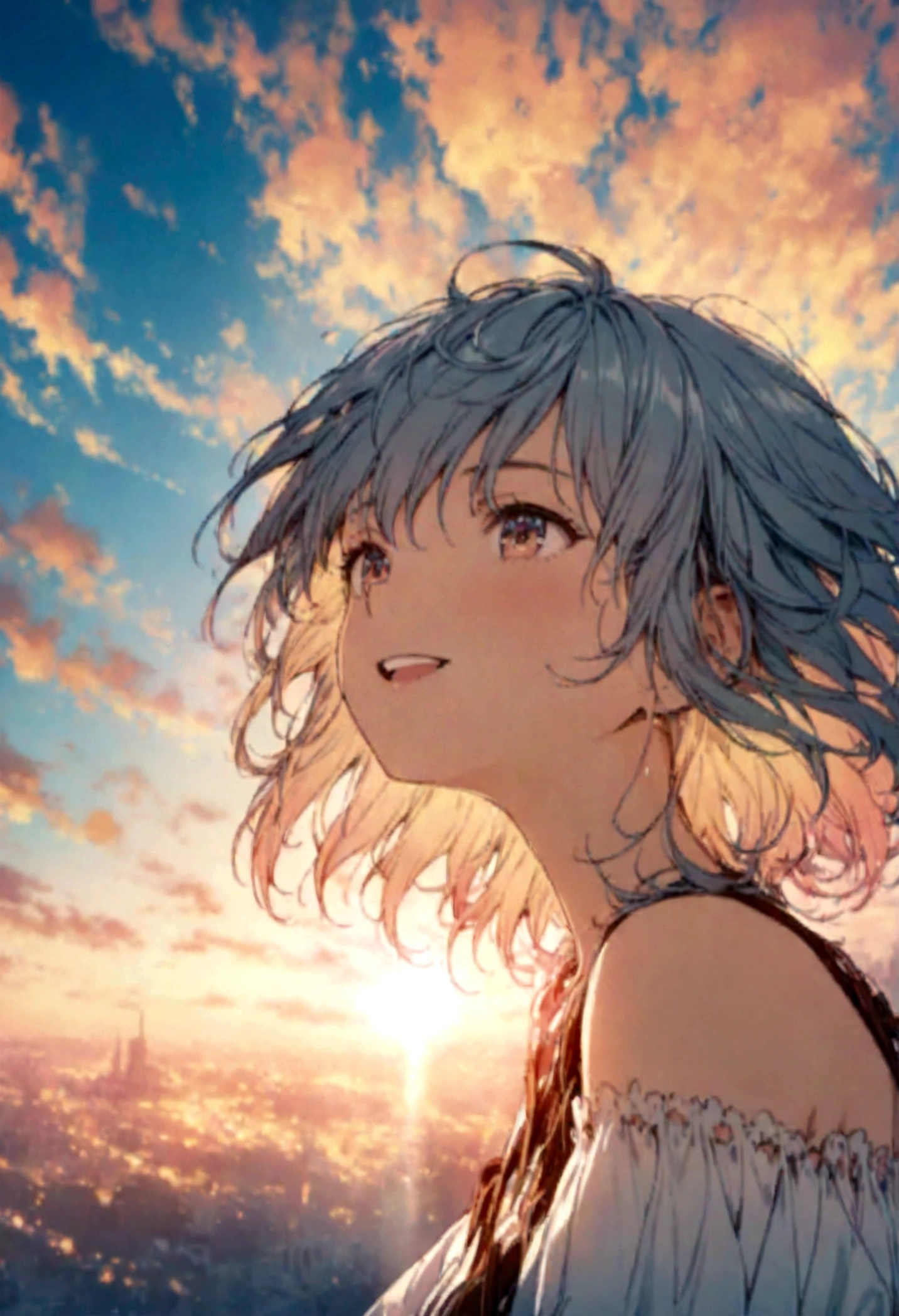 masterpiece, highest quality, Movie stills, One girl, Cloud Girl, Floating in the sky, close, bright, Happy, Warm and soft lighting, sunset, (spark:0.7)