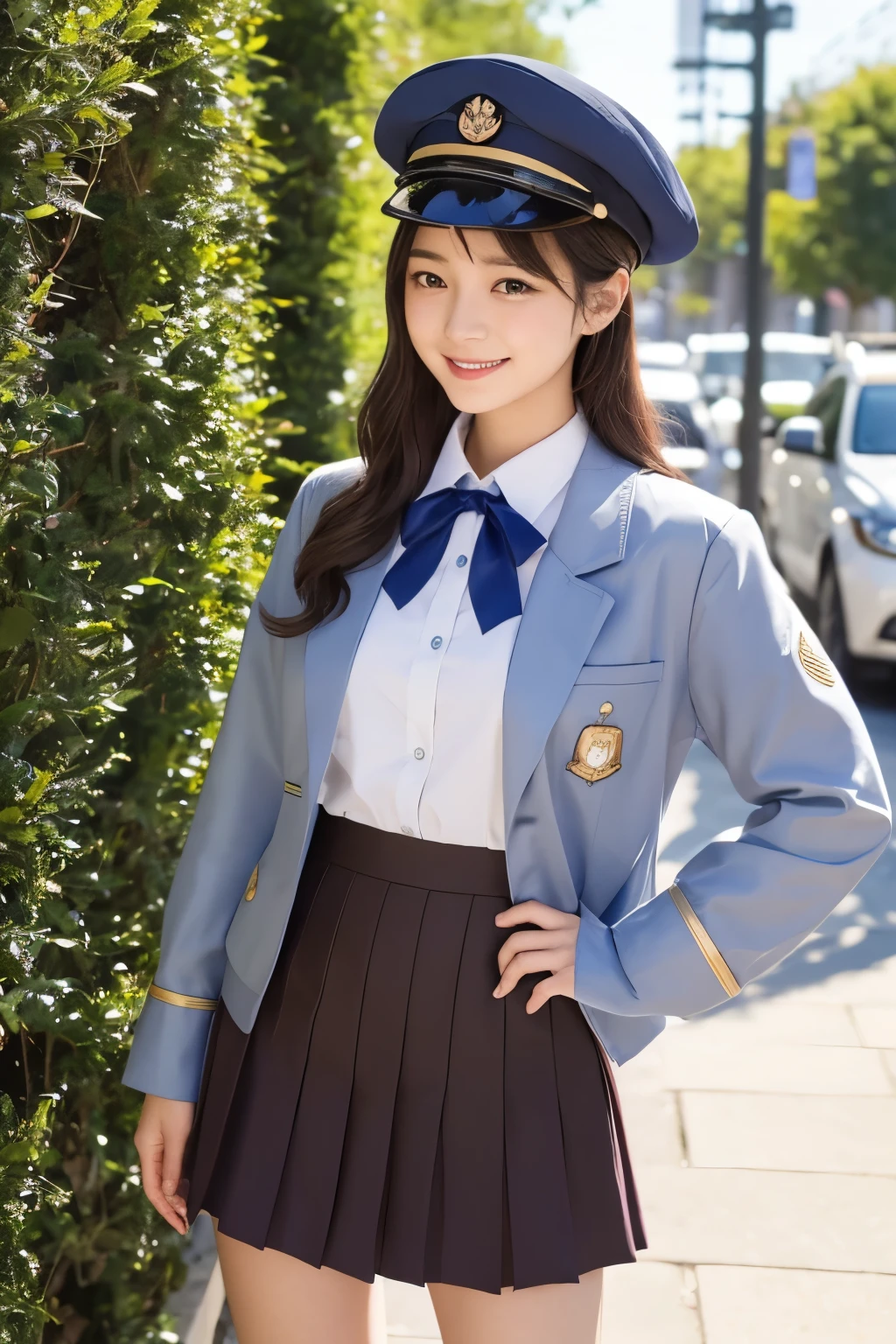 The character is a young woman.、Wearing a uniform。Her hair is reddish pink、It is long and straight。On his head he had a blue beret、Decorated with black ribbon。

The uniform、The navy blue jacket features a large pink ribbon.、Paired with a white shirt。The jacket has gold trim on the sleeves and collar.、Designed with care down to the last detail。The skirt is light grey、It is a soft and wide design。She is wearing white socks and brown loafers.。

The character has one hand on his hip、She is posing with her other hand close to her face.。The expression is cheerful and bright、The picture is drawn to highlight her charm.。as a whole、This illustration is adorable、Gives a vivid impression。