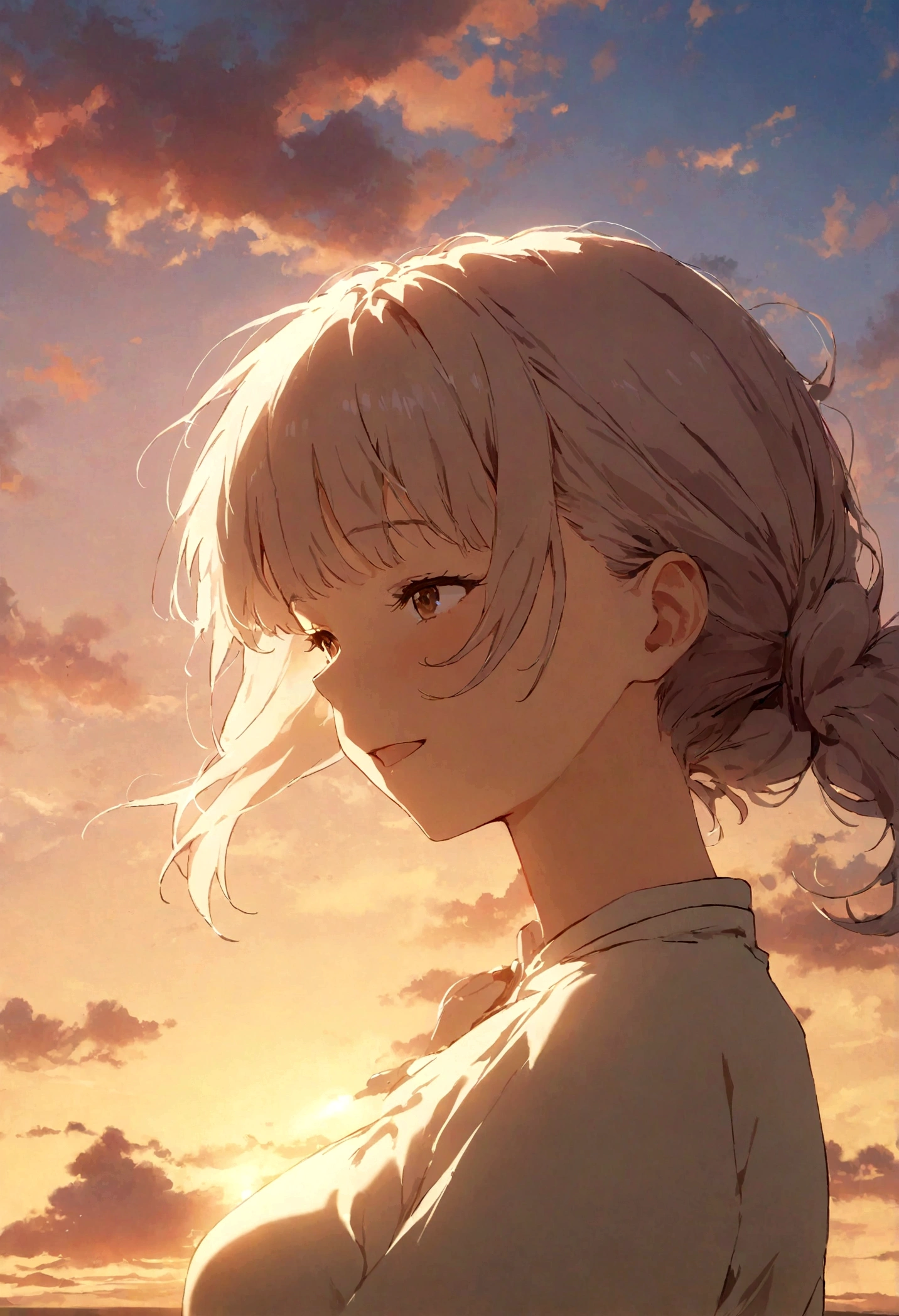masterpiece, highest quality, Movie stills, One girl, Cloud Girl, Floating in the sky, close, bright, Happy, Warm and soft lighting, sunset, (spark:0.7)