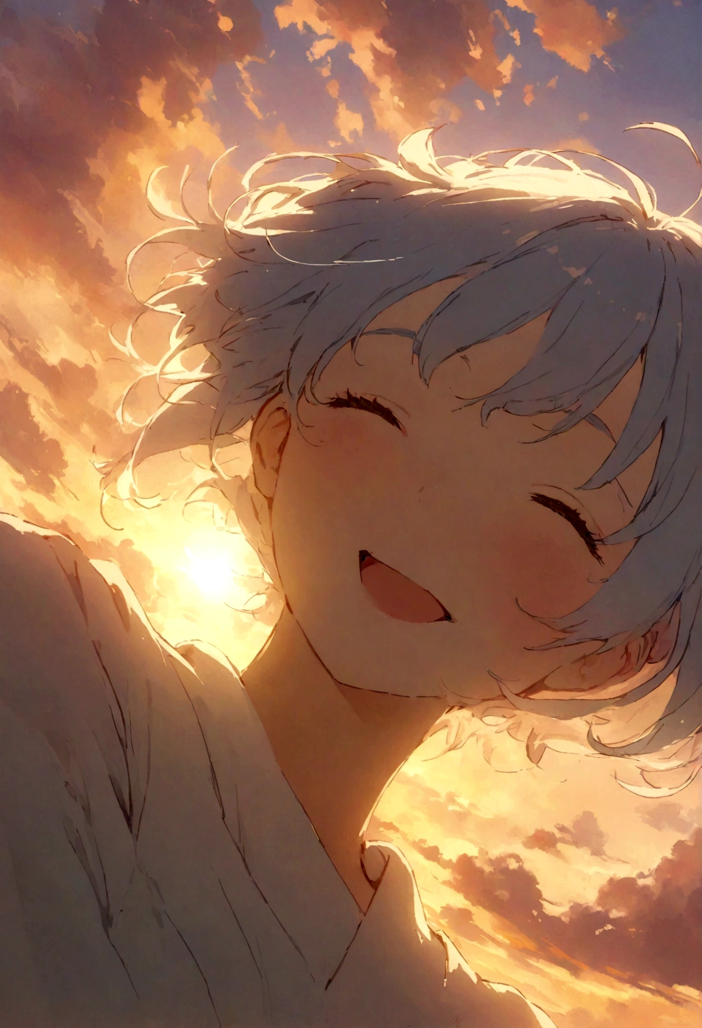 masterpiece, highest quality, Movie stills, One girl, Cloud Girl, Floating in the sky, close, bright, Happy, Warm and soft lighting, sunset, (spark:0.7)