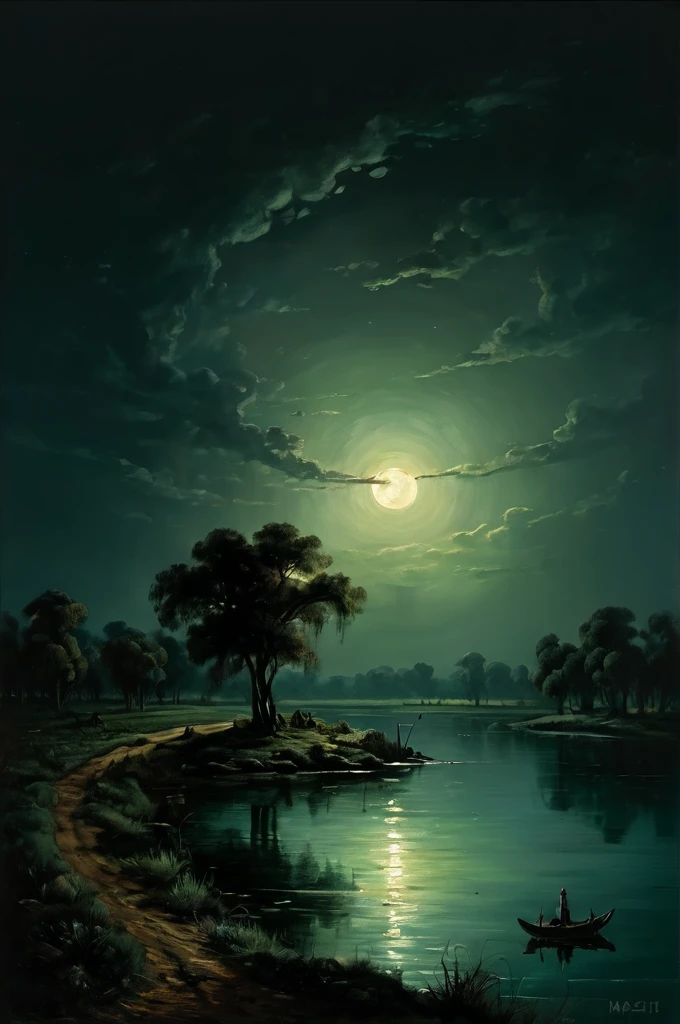 Moonlight landscape by the river (art by Pieter Jansz van Ruyven and Aleksandr Makovsky and Dan Witz:1.2),
(collaboration and goal-driven and intergalactic and emerald and wild atmosphere, hovering lights, aesthetic of realism and indigenous australian art:0.1),
leading lines,  out-of-the-box masterful creation with skillful details,
(hooker's green and blue-green colors:0.1), a nice looking young guy
