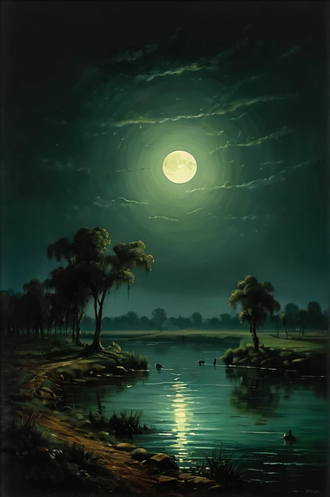 Moonlight landscape by the river (art by Pieter Jansz van Ruyven and Aleksandr Makovsky and Dan Witz:1.2),
(collaboration and goal-driven and intergalactic and emerald and wild atmosphere, hovering lights, aesthetic of realism and indigenous australian art:0.1),
leading lines, out-of-the-box masterful creation with skillful details,
(hooker's green and blue-green colors:0.1), a nice looking young guy