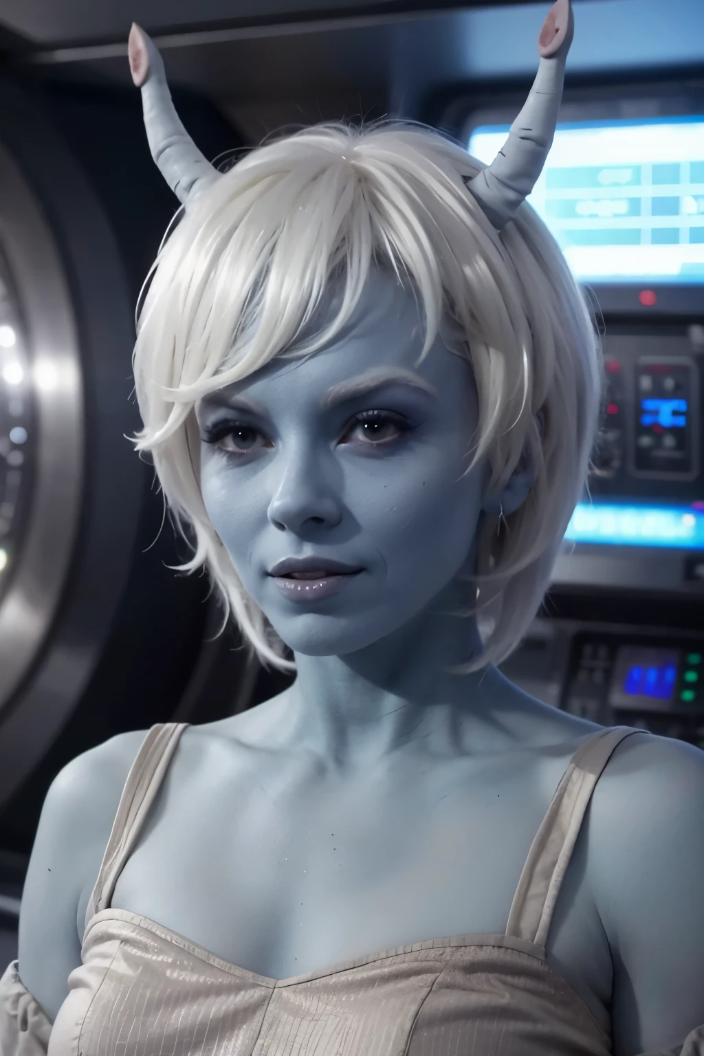 andorian woman, white hair, white eyebrows, blue skin, antennae, dress, scifi starship interior,  