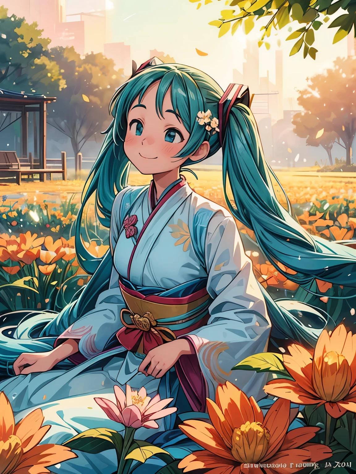 (masterpiece、highest quality、highest quality、Official Art、Beautiful and beautiful:1.2)、(One girl:1.3)Hatsune Miku、Twin tails,Beautiful breasts,award winning Digital Art, Half-body portrait of a beautiful woman in Tang Dynasty costume, Move your head、Long, flowing hair in an azure, turquoise hairstyle, Big smile, Sparklingした目, sexy, In the flower field, Golden sunset, Particles Dust, Sparkling, Paint splashes, Splash, Overtake, Vaporware, Shaded flat illustration, Digital Art, Trending on Art Station, Very detailed, The finer details, complicated