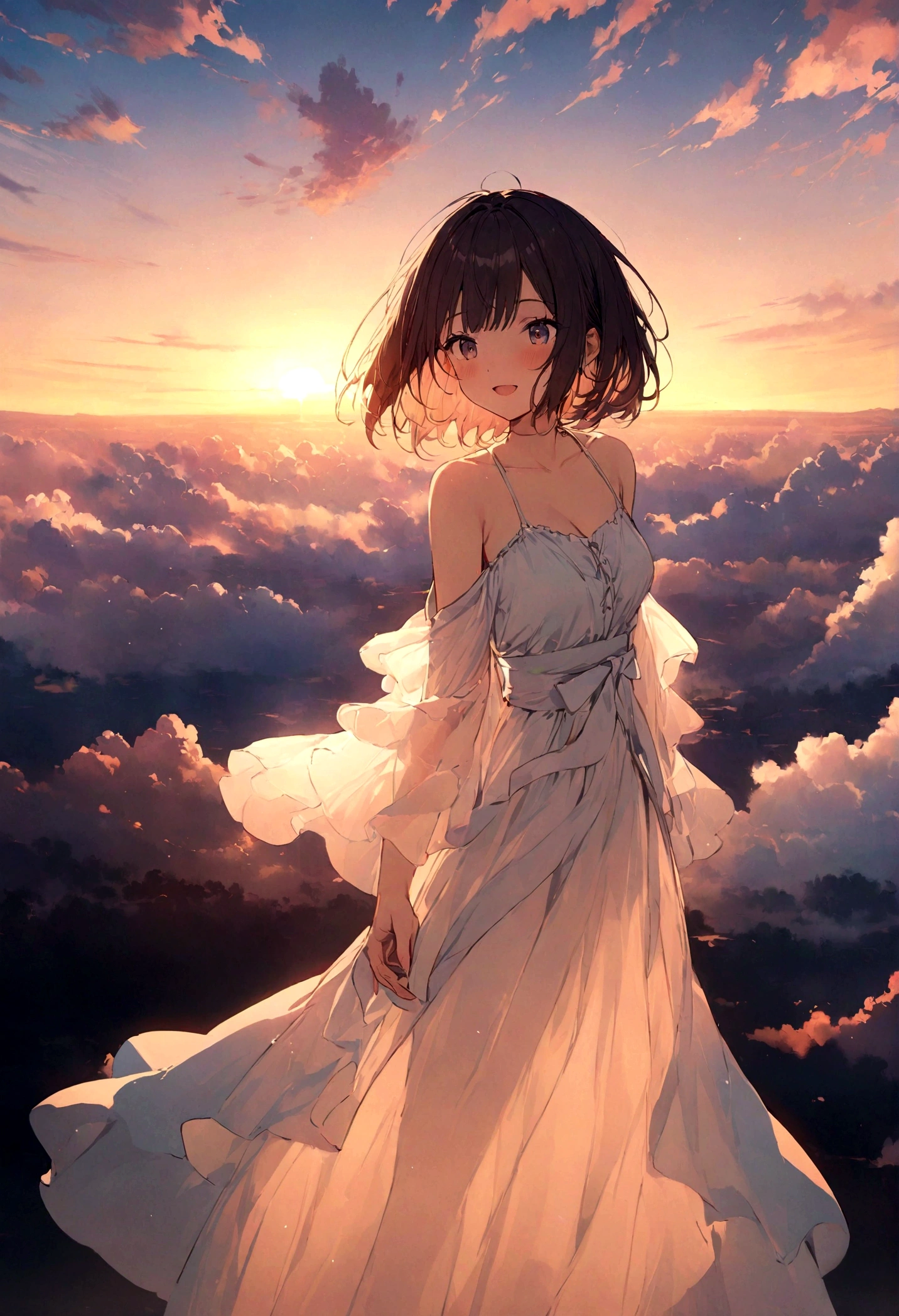 masterpiece, highest quality, Movie stills, One girl, Cloud Girl, Floating in the sky, close, bright, Happy, Warm and soft lighting, sunset, (spark:0.7)