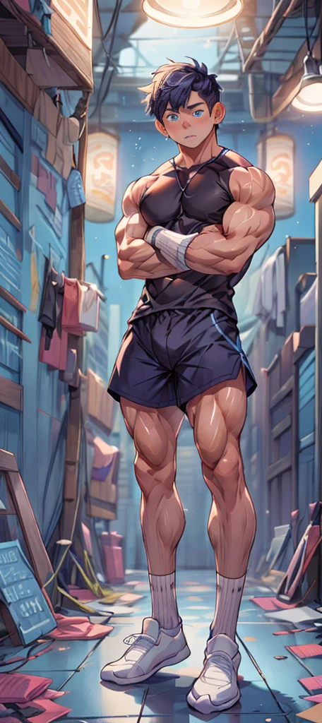 Double，Show your thick arms to the audience，closeup of arms，Thick arms，（masterpiece，best quality，H），1 person，Nude boy，Very shy，My face turned red，Shy，muscular，Delicateeyes，nude，(nude)，blue eyes，Shirtless，Body，Blue purple short hair，（fluorescent lamp），（a color），（（Blue Background）），Shorts with white stripes，White textured socks，