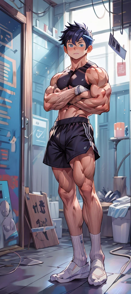Double,Show your thick arms to the audience,closeup of arms,Thick arms,(masterpiece,best quality,H),1 person,Nude boy,Very shy,My face turned red,Shy,muscular,Delicateeyes,nude,(nude),blue eyes,Shirtless,Body,Blue purple short hair,(fluorescent lamp),(a color),((Blue Background)),Shorts with white stripes,White textured socks,