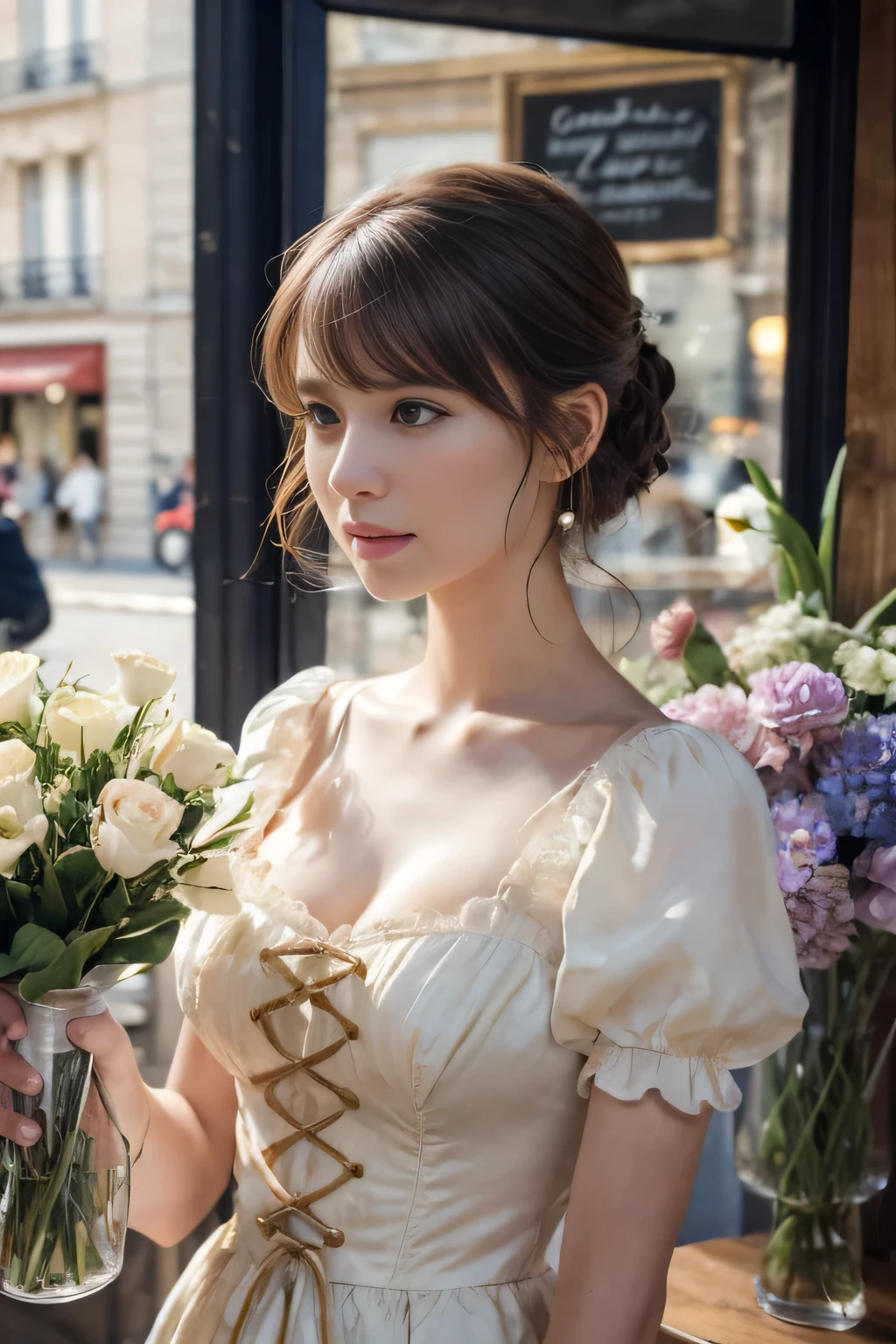 
((Tabletop:1.4, highest quality)), (Realistic photos:1.4), 
((1 girl)), (Otherworldly beauty), (dream-like),
(超High resolution:1.2), Very delicate and beautiful, wonderful, Very detailed CG Unity 8k wallpaper, Very detailed, High resolution, 
Soft Light, Beautiful detailed girl, Very detailedな目と顔, Beautiful and detailed nose, Beautiful and detailed, 
(Dressed in 19th century French costume:1.3),
Cinema Lighting, Perfect Anatomy, Slender body, (Parted bangs),
(Impressionist portrait of a beautiful flower girl), (A flower shop in downtown Paris at the end of the 19th century), (Impressionist light and colour), 
Cowboy Shot, Looking at the audience